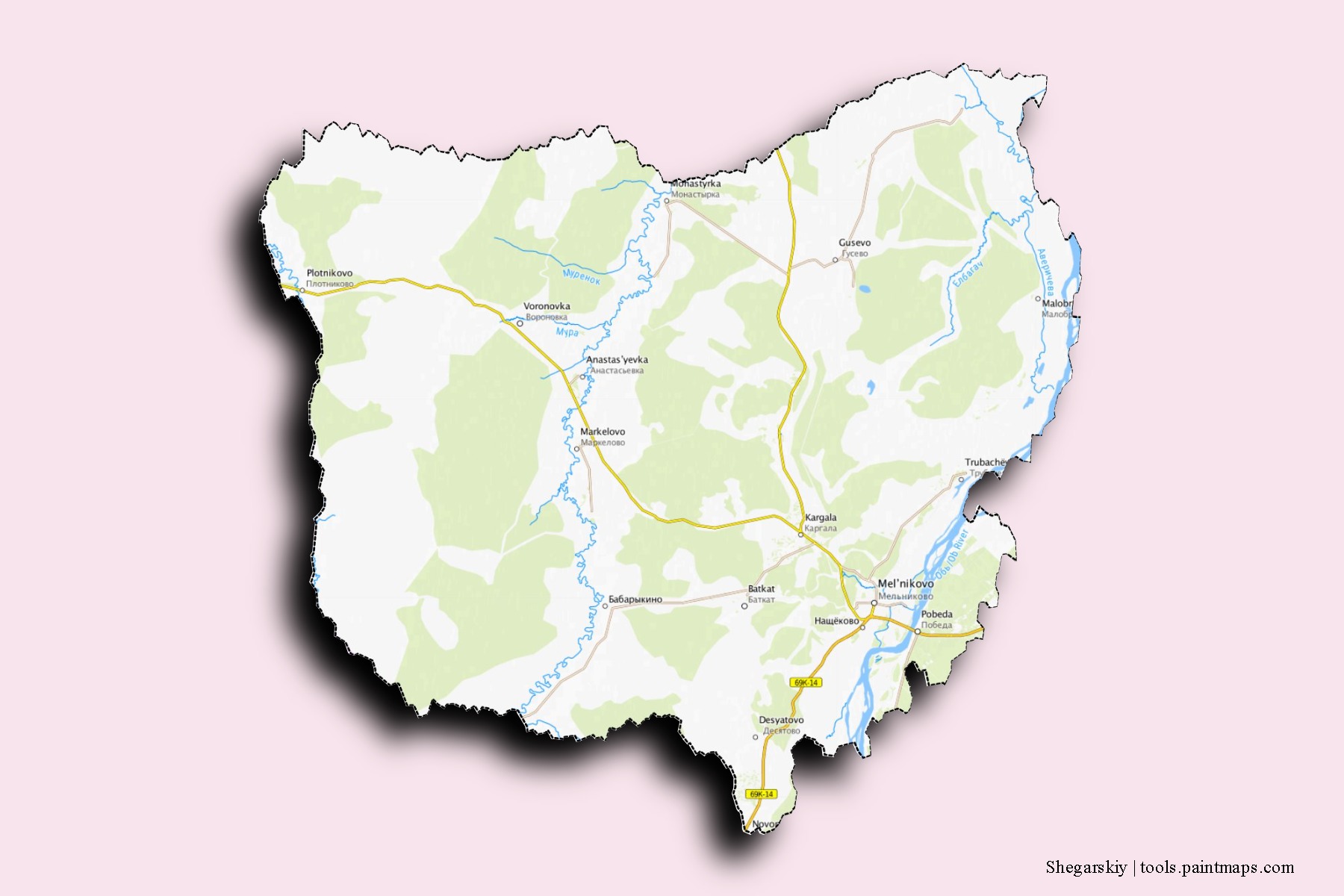 Mapa de barrios y pueblos de Shegarskiy con efecto de sombra 3D