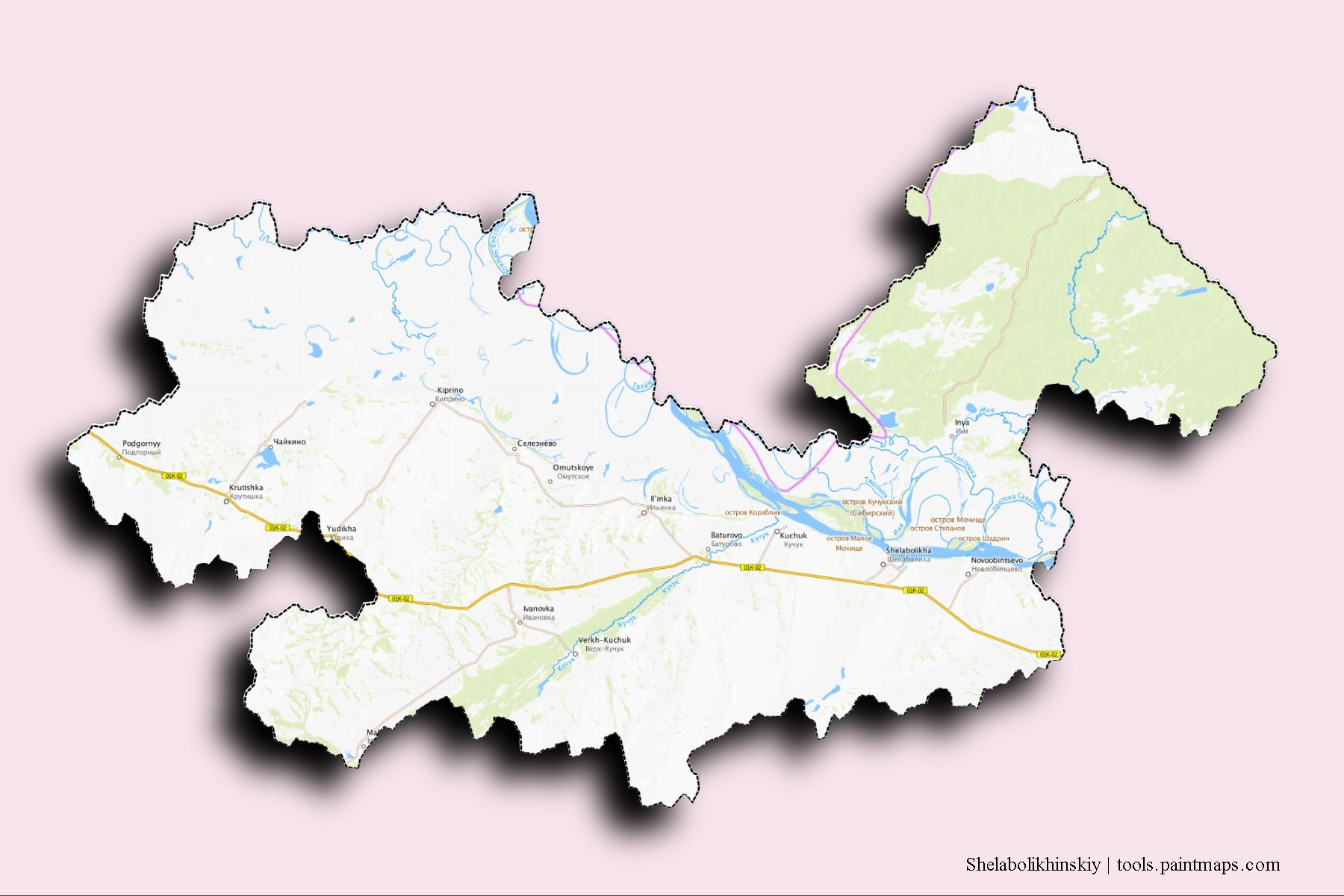 Mapa de barrios y pueblos de Shelabolikhinskiy con efecto de sombra 3D