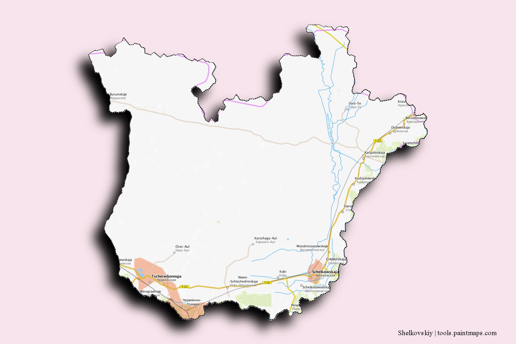 Mapa de barrios y pueblos de Shelkovskiy con efecto de sombra 3D