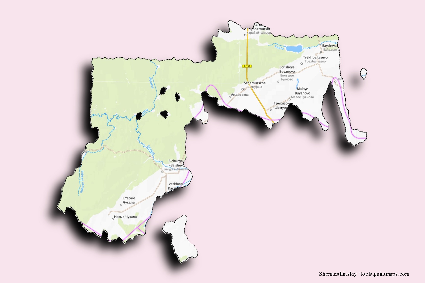 Shemurshinskiy neighborhoods and villages map with 3D shadow effect