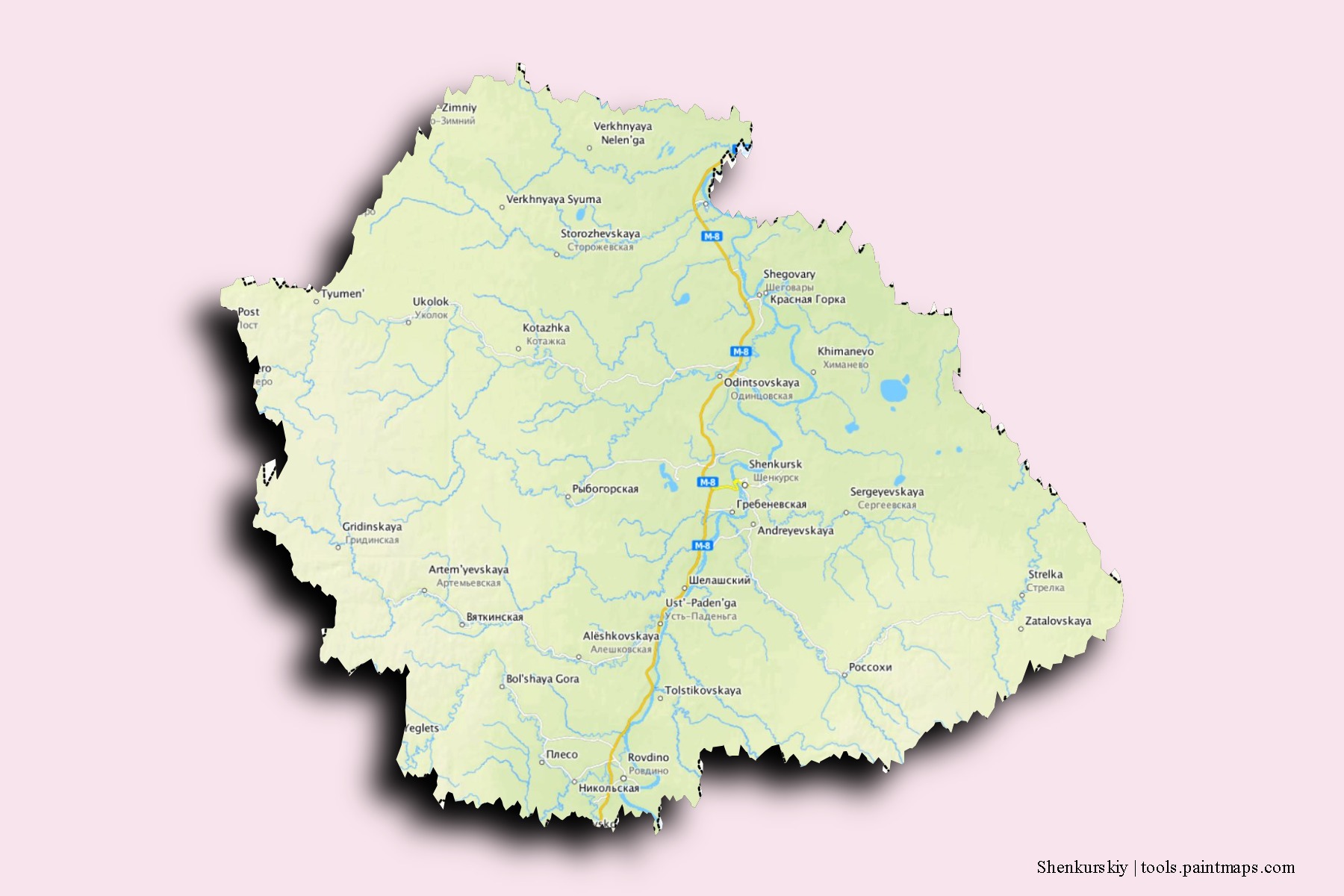 Shenkurskiy neighborhoods and villages map with 3D shadow effect