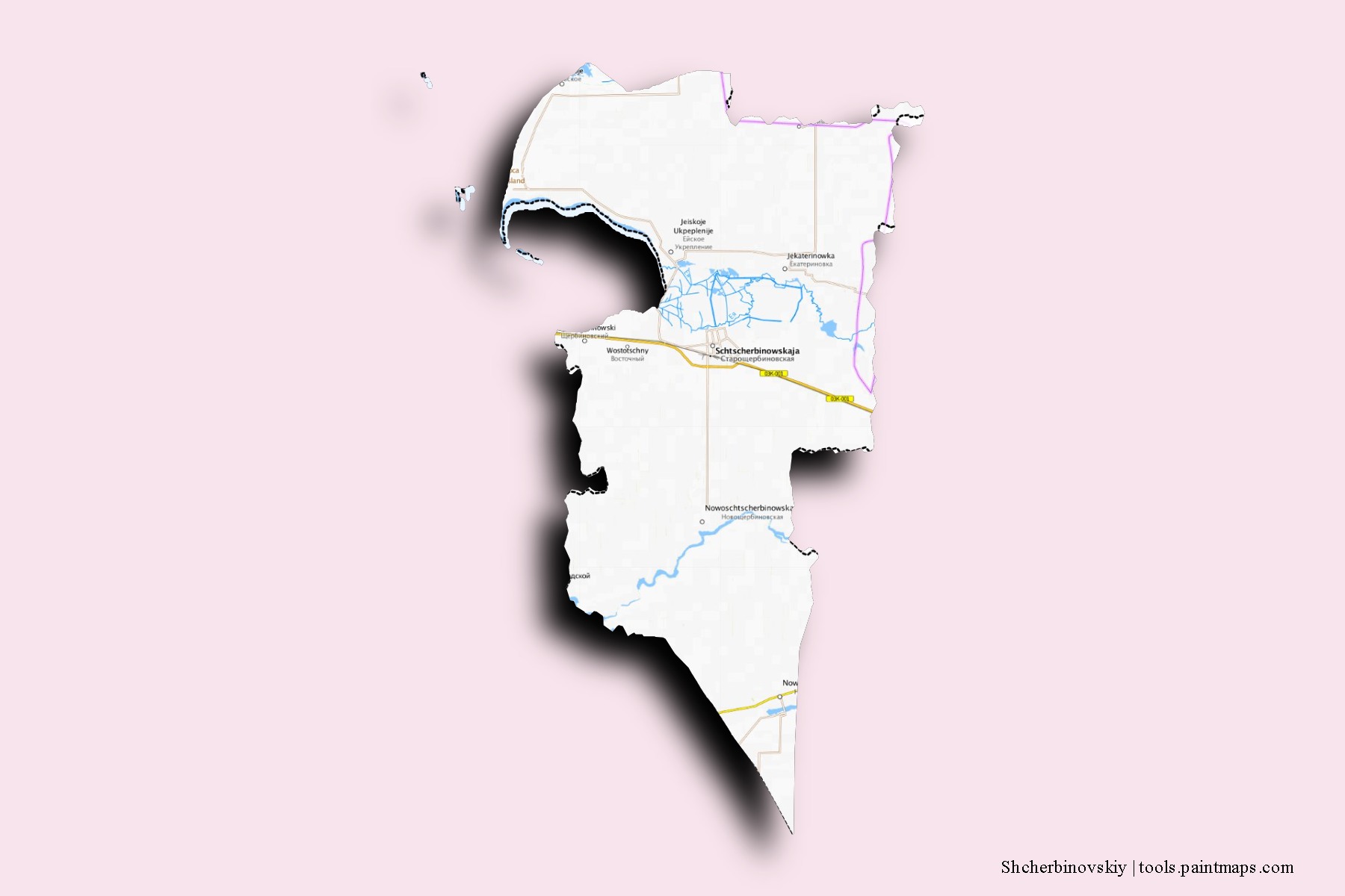 Mapa de barrios y pueblos de Shcherbinovskiy con efecto de sombra 3D