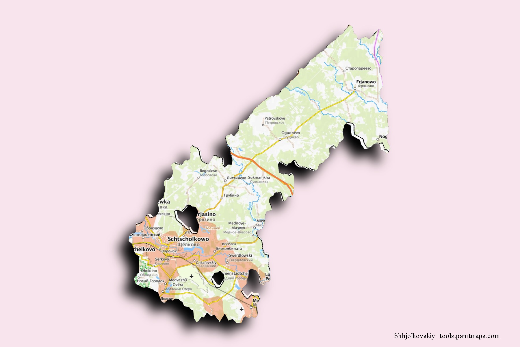 Shhjolkovskiy neighborhoods and villages map with 3D shadow effect