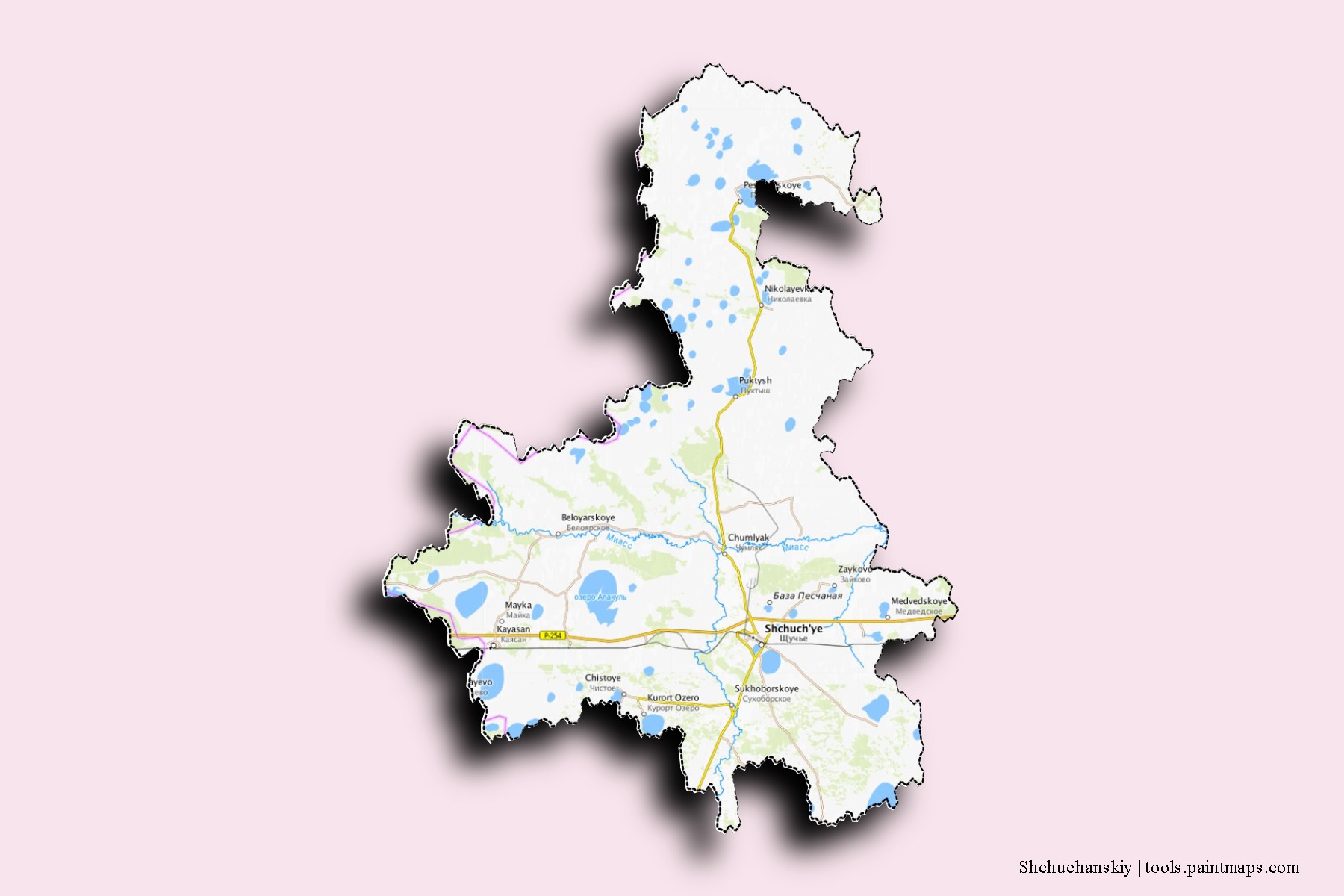 Shchuchanskiy neighborhoods and villages map with 3D shadow effect