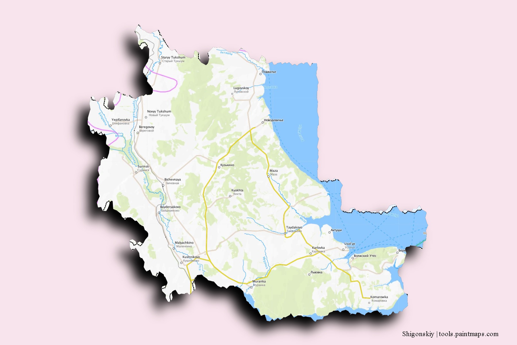 Mapa de barrios y pueblos de Shigonskiy con efecto de sombra 3D