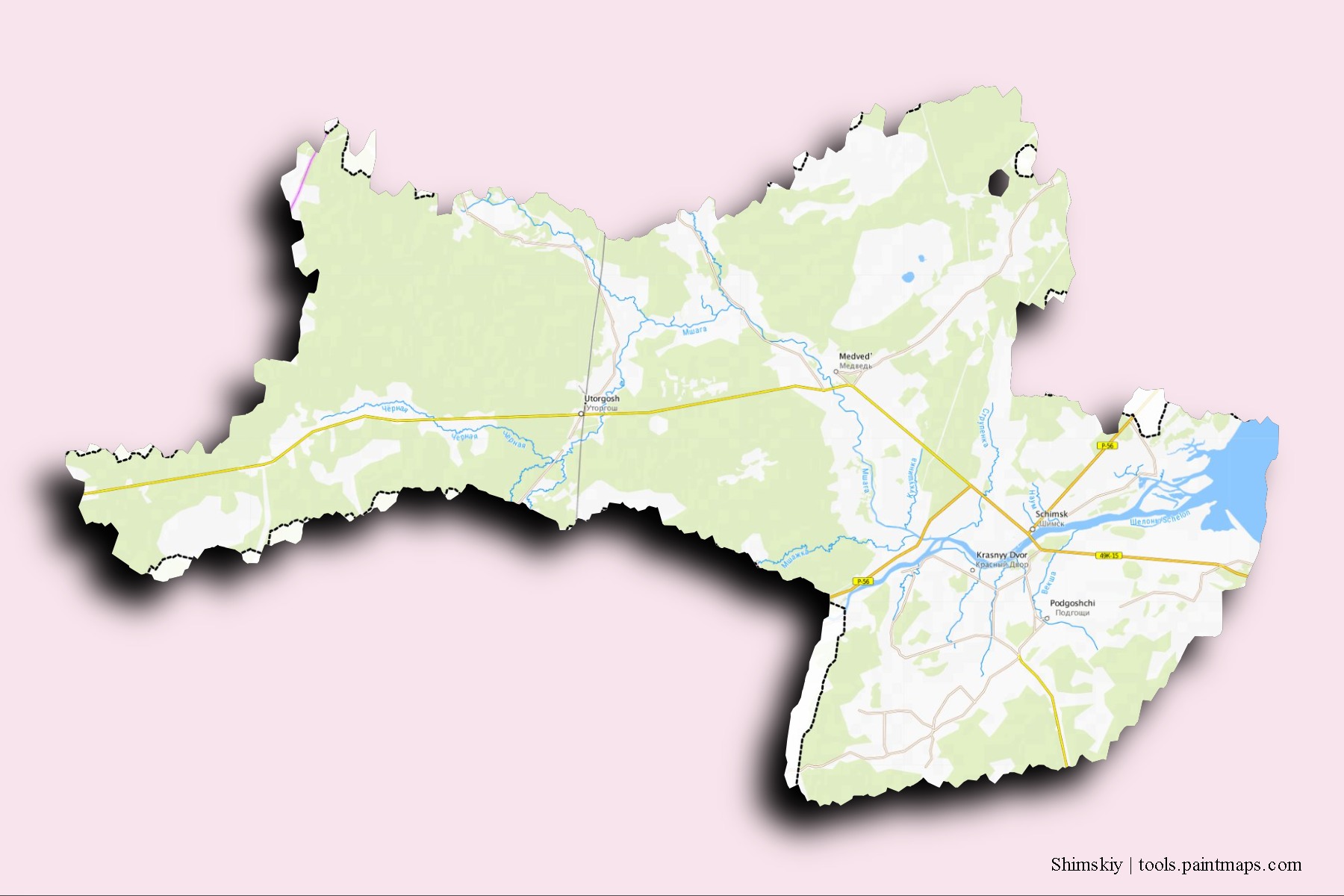 Mapa de barrios y pueblos de Shimskiy con efecto de sombra 3D