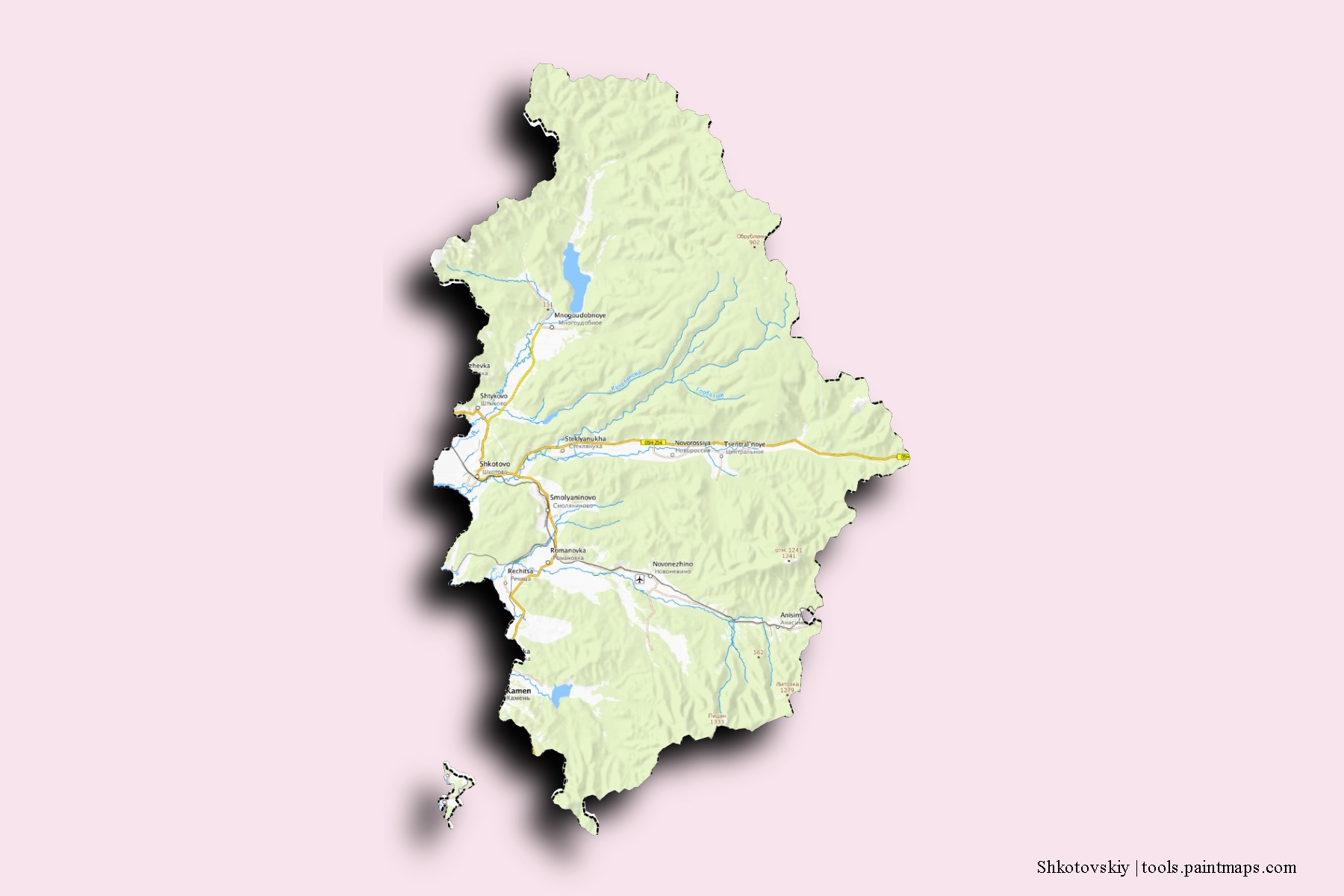 Shkotovskiy neighborhoods and villages map with 3D shadow effect