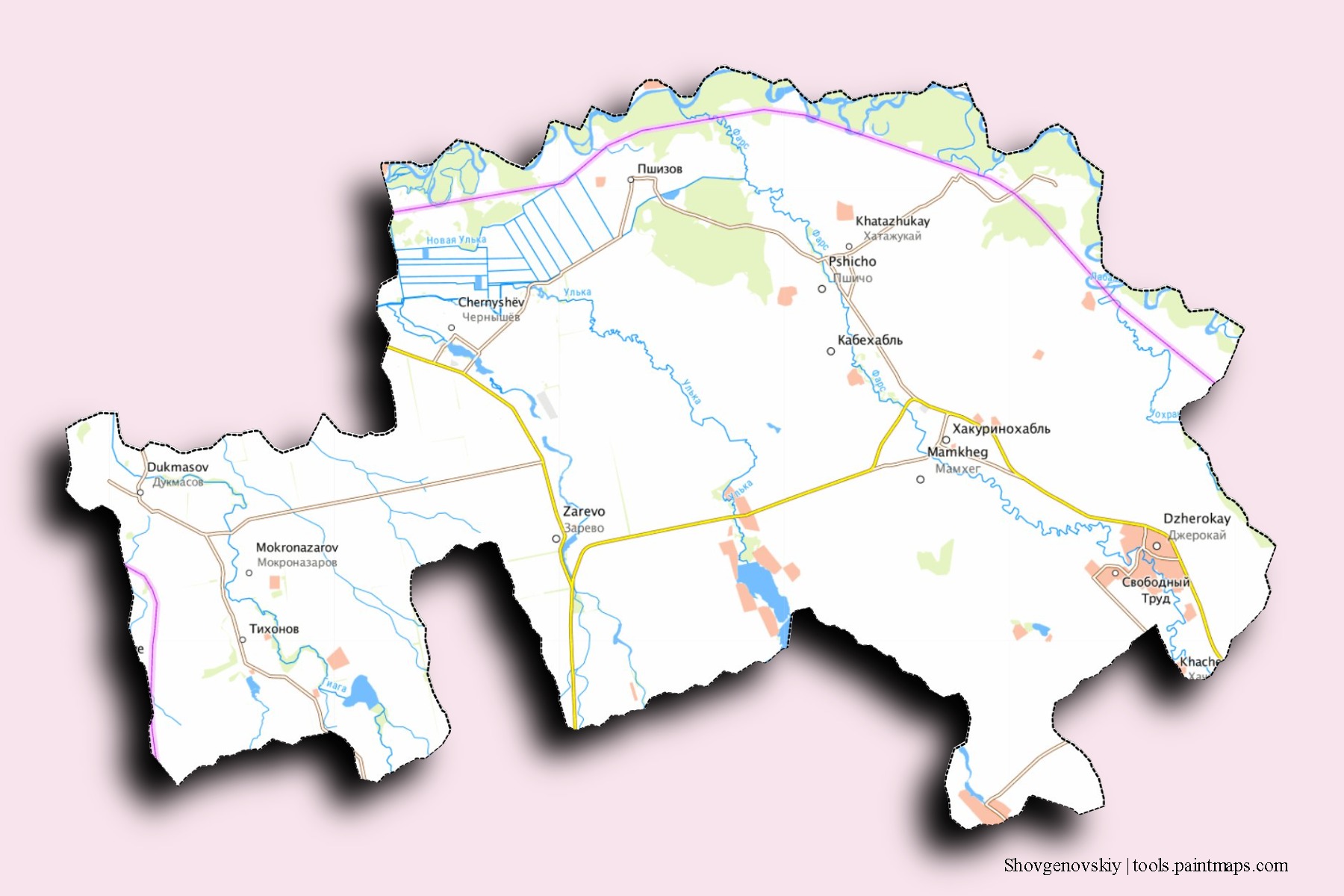 Shovgenovskiy neighborhoods and villages map with 3D shadow effect