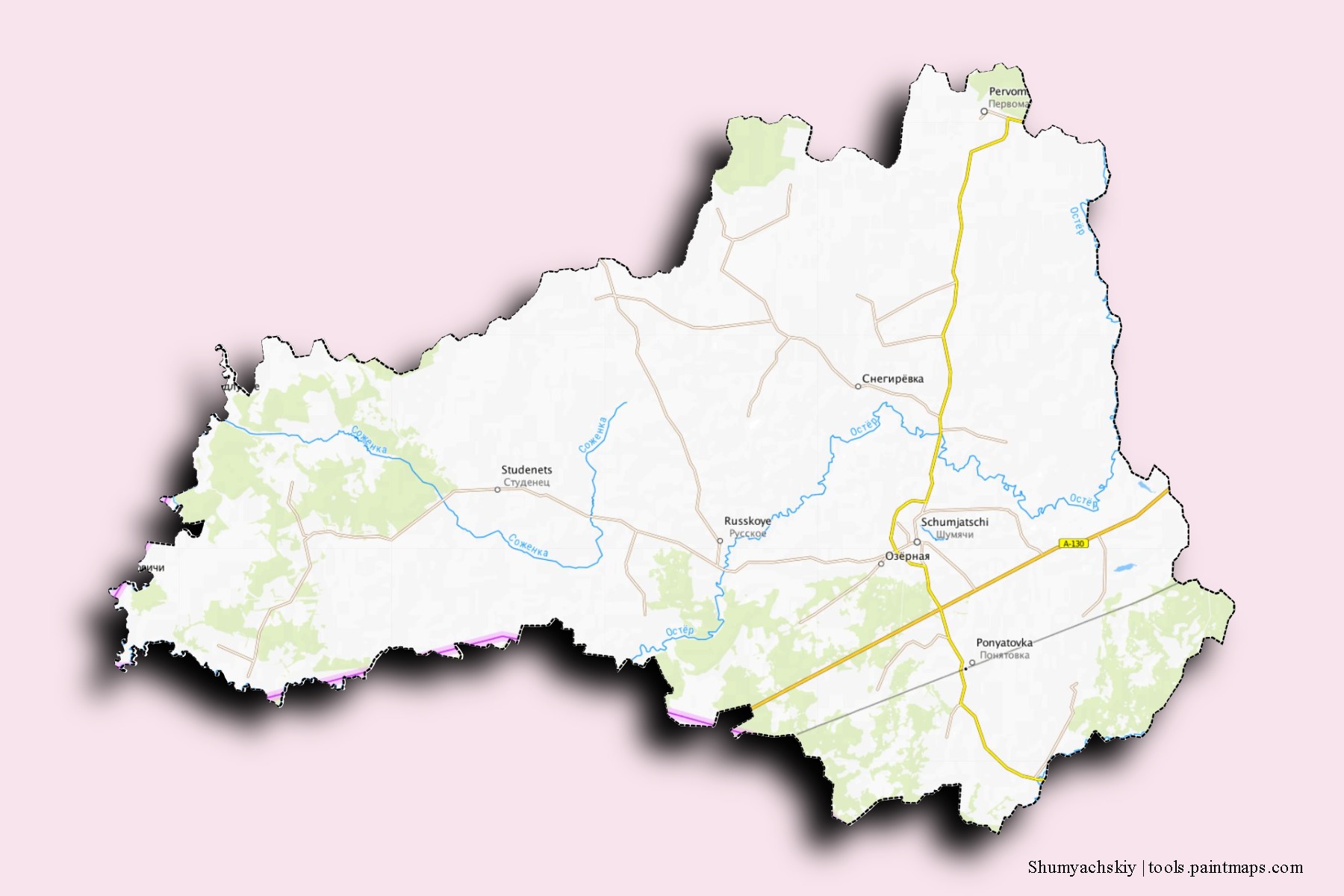 3D gölge efektli Shumyachskiy mahalleleri ve köyleri haritası
