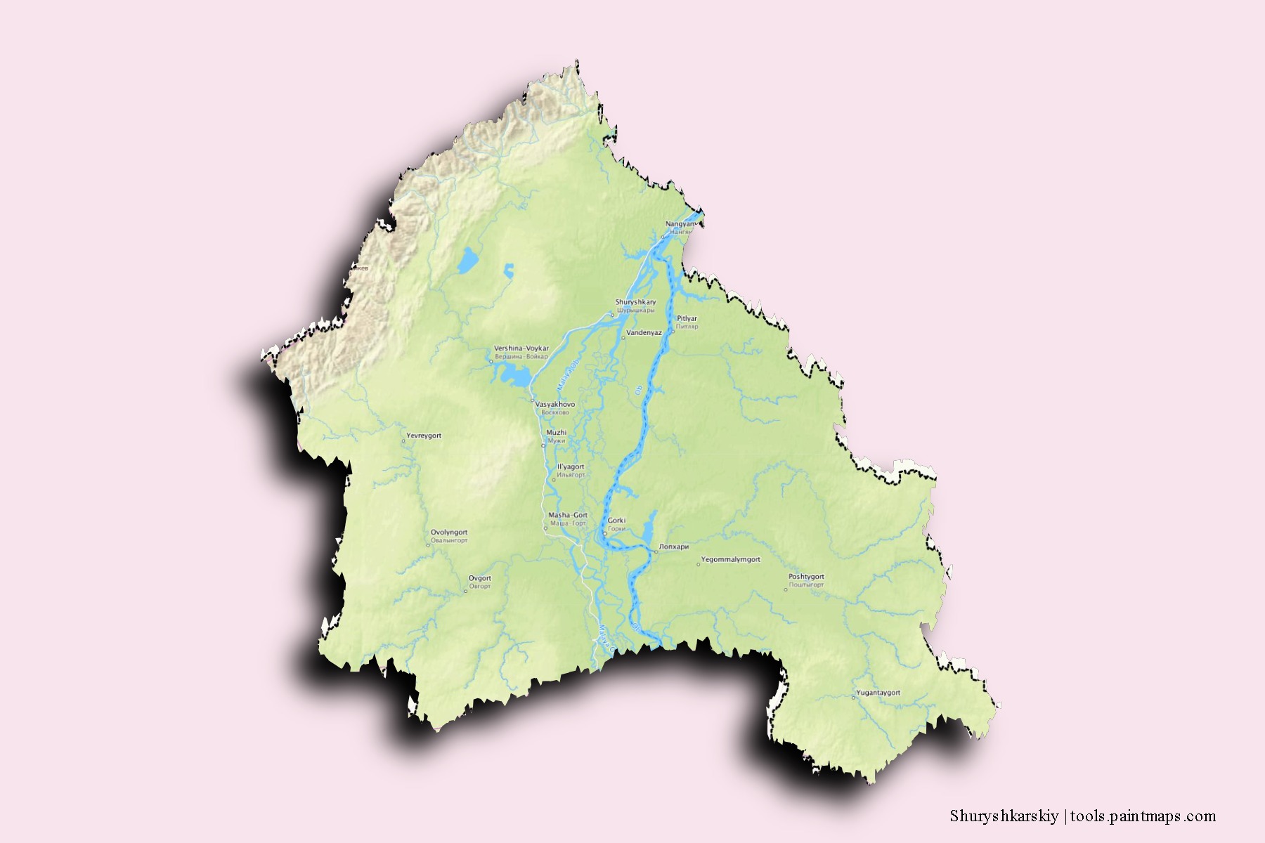 Shuryshkarskiy neighborhoods and villages map with 3D shadow effect