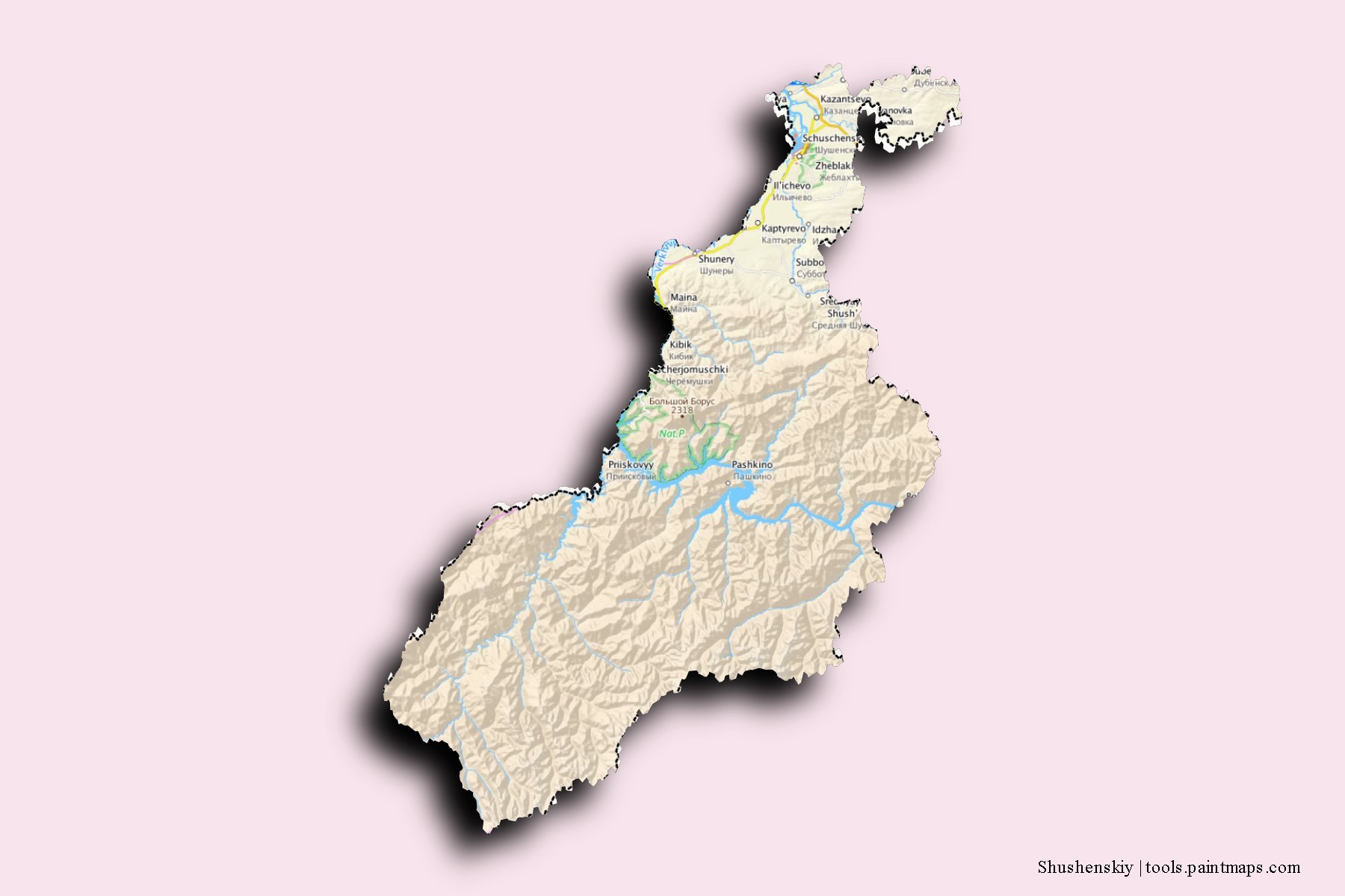 Mapa de barrios y pueblos de Shushenskiy con efecto de sombra 3D