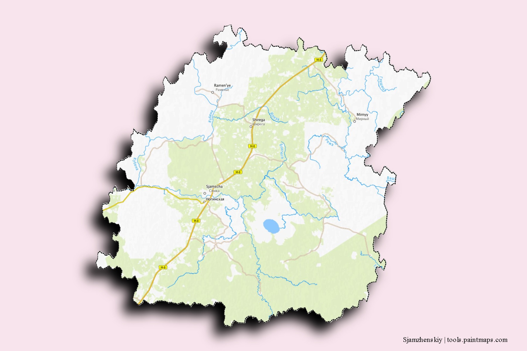 Mapa de barrios y pueblos de Sjamzhenskiy con efecto de sombra 3D