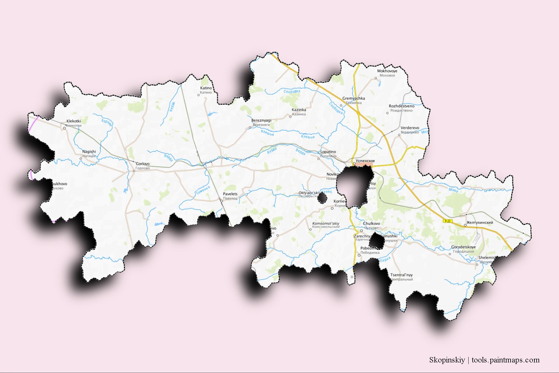 Skopinskiy neighborhoods and villages map with 3D shadow effect