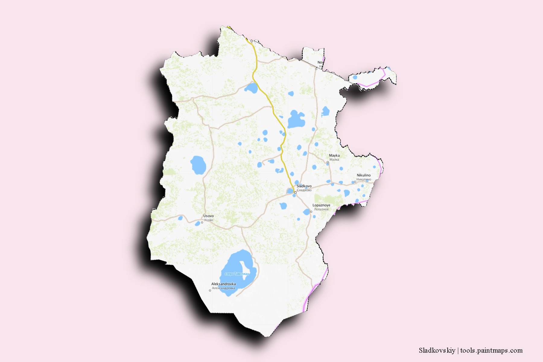 Sladkovskiy neighborhoods and villages map with 3D shadow effect