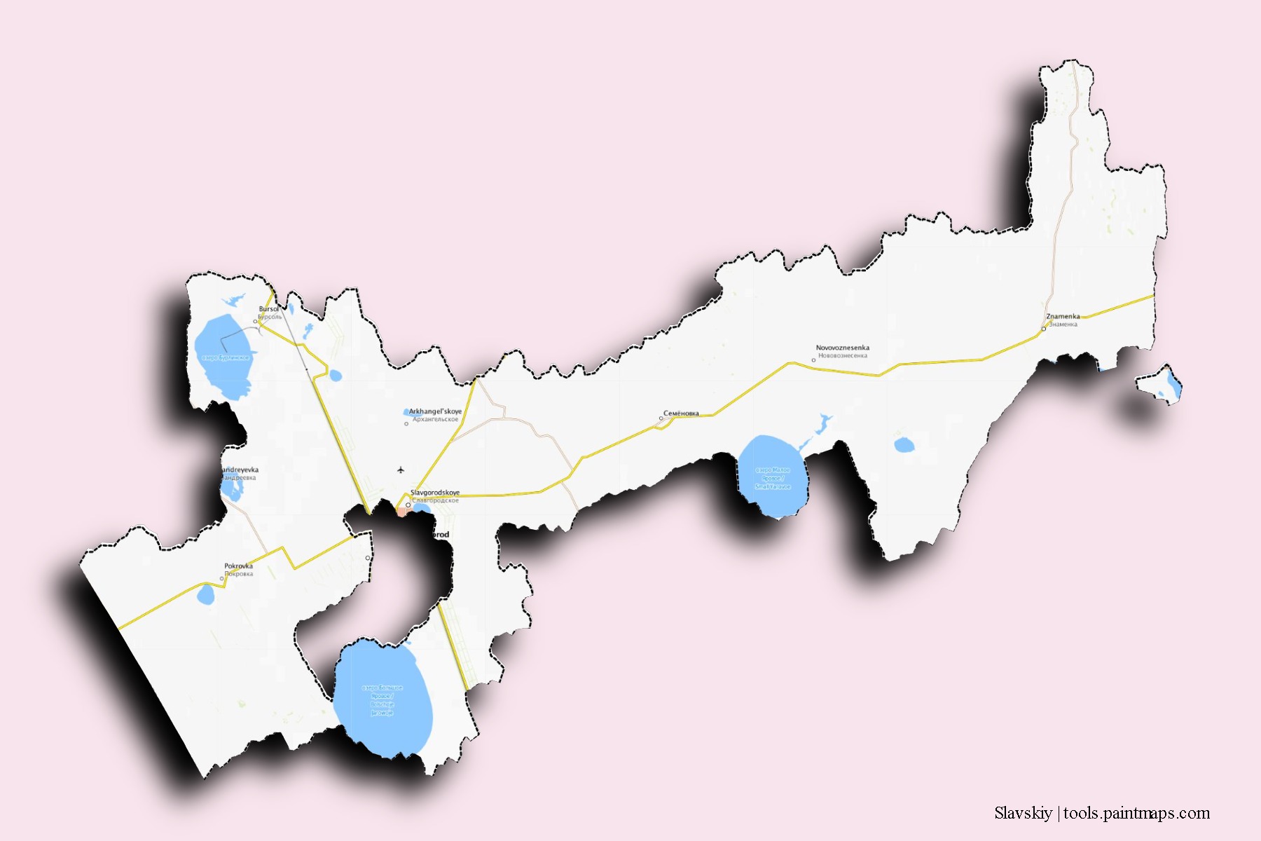 Slavskiy neighborhoods and villages map with 3D shadow effect