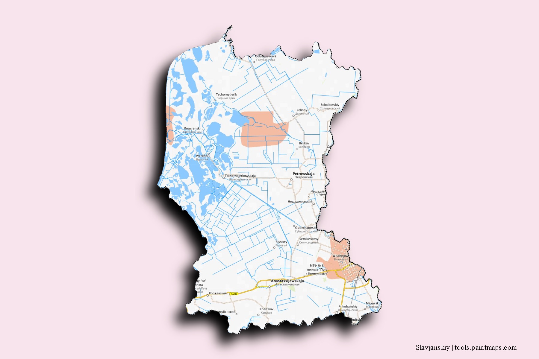 Slavjanskiy neighborhoods and villages map with 3D shadow effect