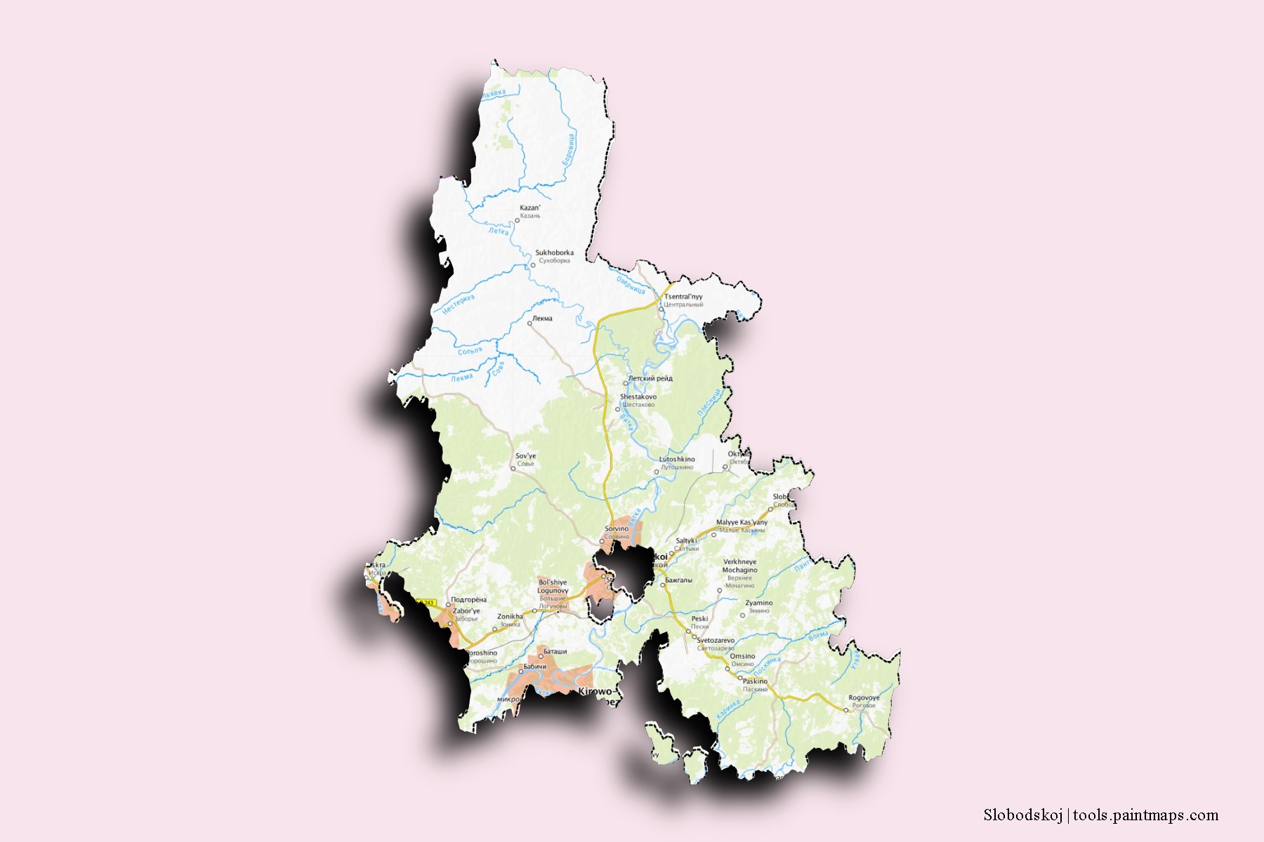 Slobodskoj neighborhoods and villages map with 3D shadow effect