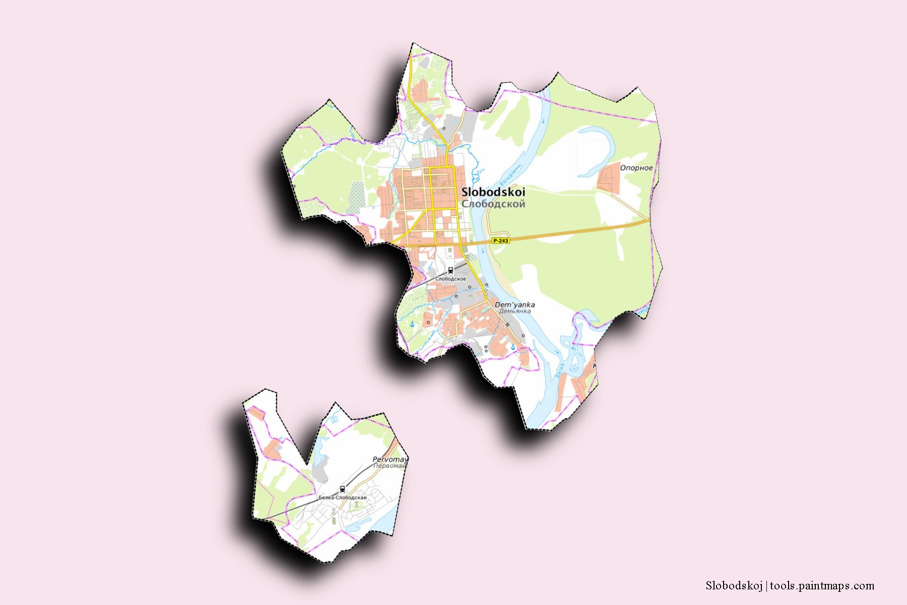 Slobodskoj neighborhoods and villages map with 3D shadow effect