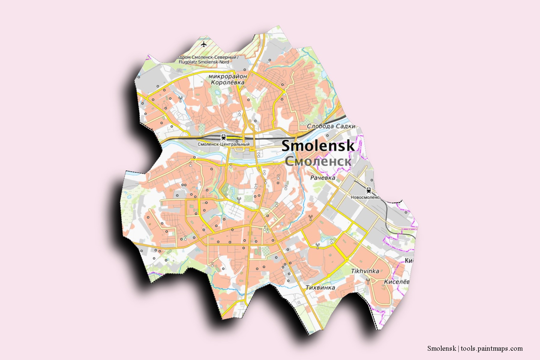 Smolensk neighborhoods and villages map with 3D shadow effect