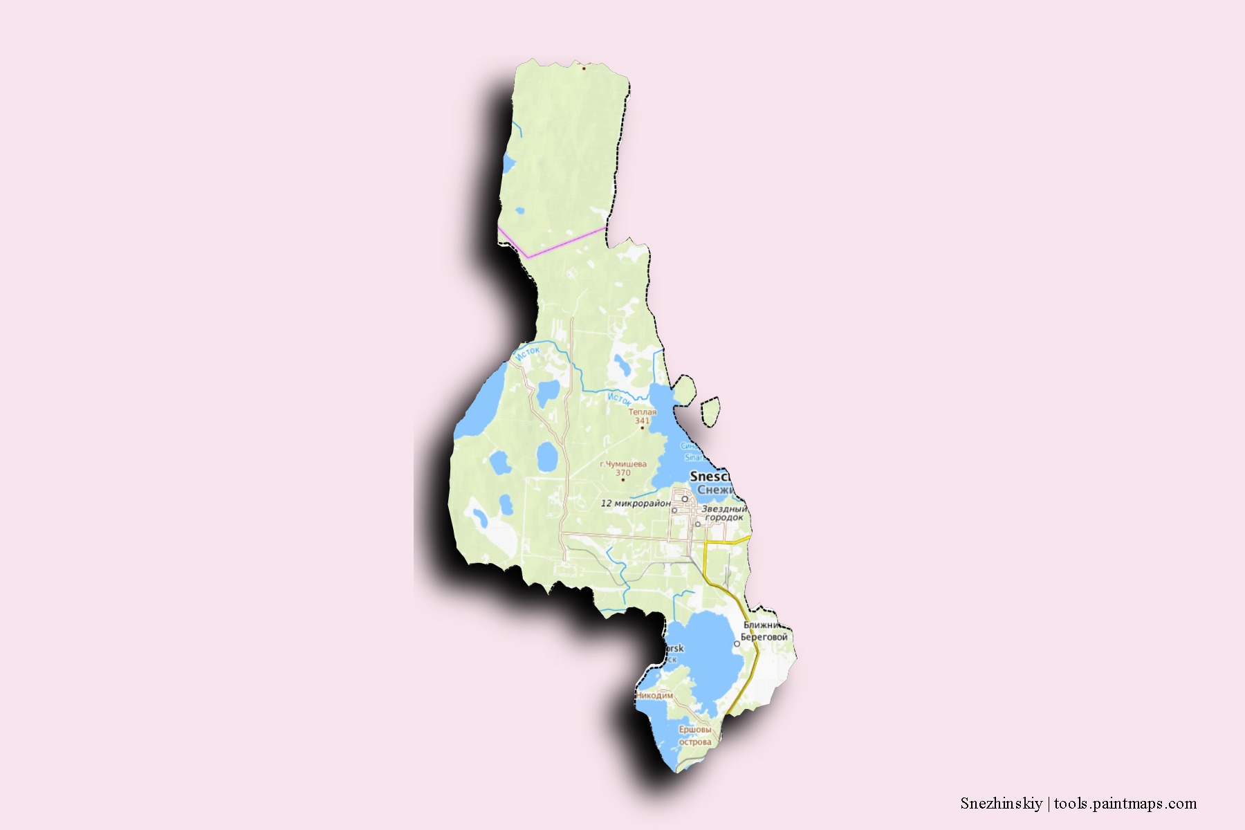 Mapa de barrios y pueblos de Snezhinskiy con efecto de sombra 3D