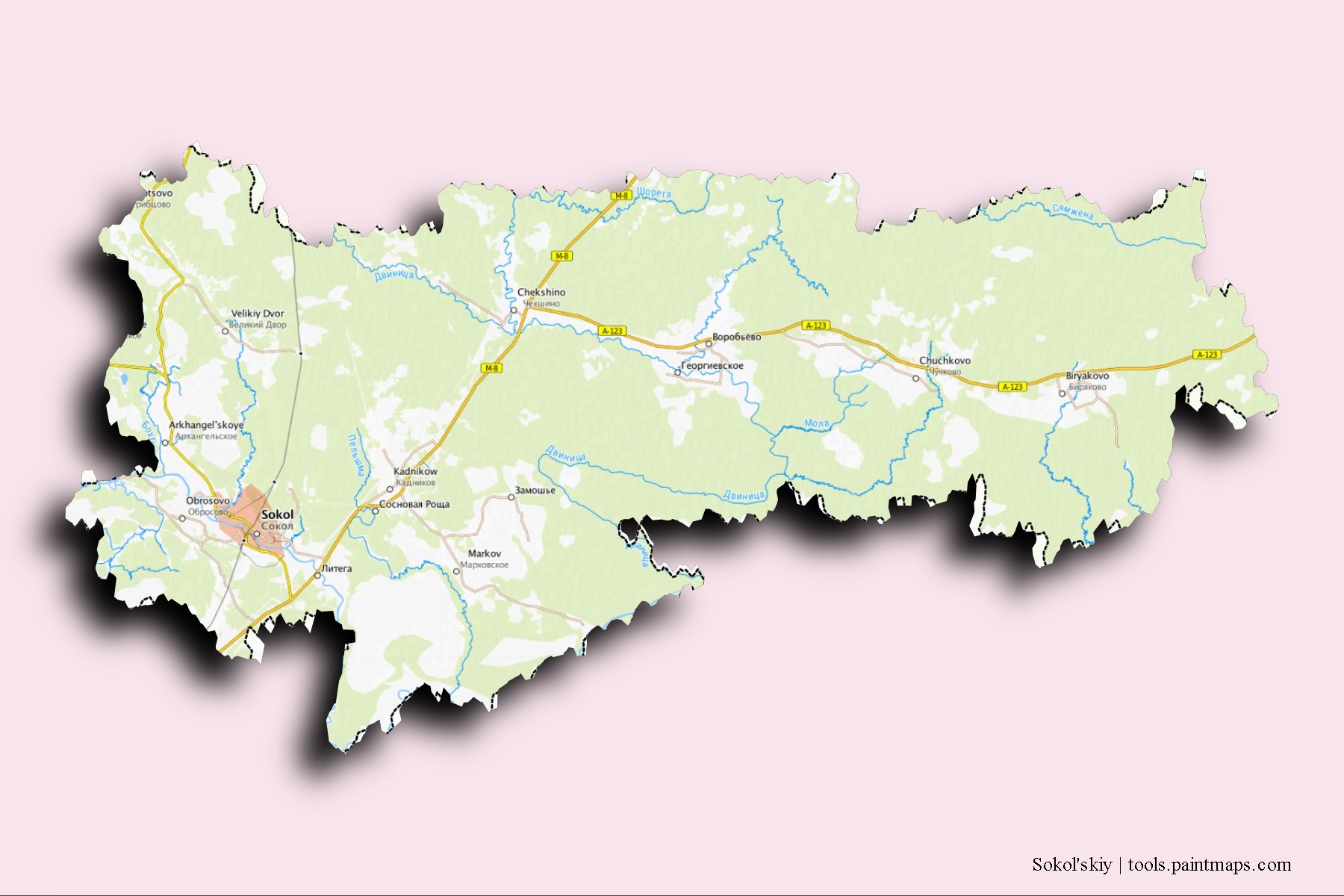 Mapa de barrios y pueblos de Sokol'skiy con efecto de sombra 3D