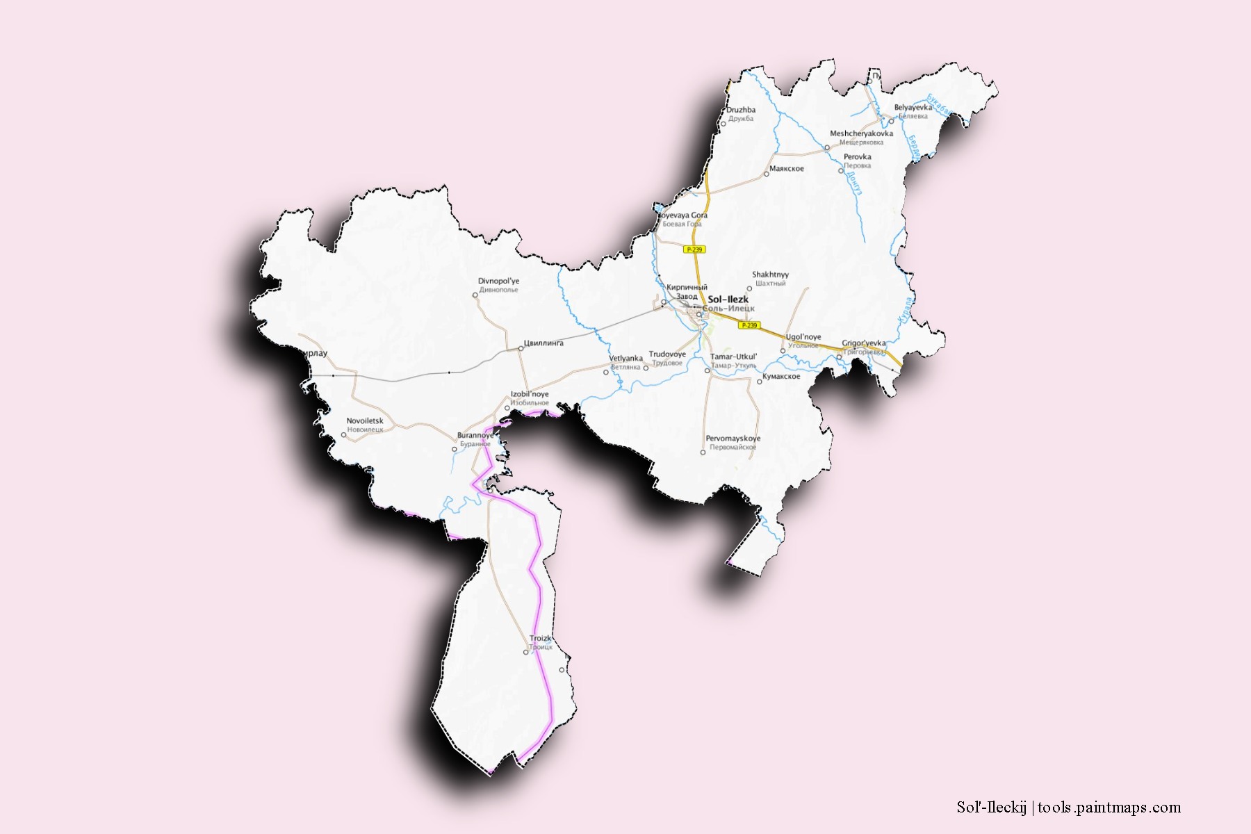 Sol'-Ileckij neighborhoods and villages map with 3D shadow effect