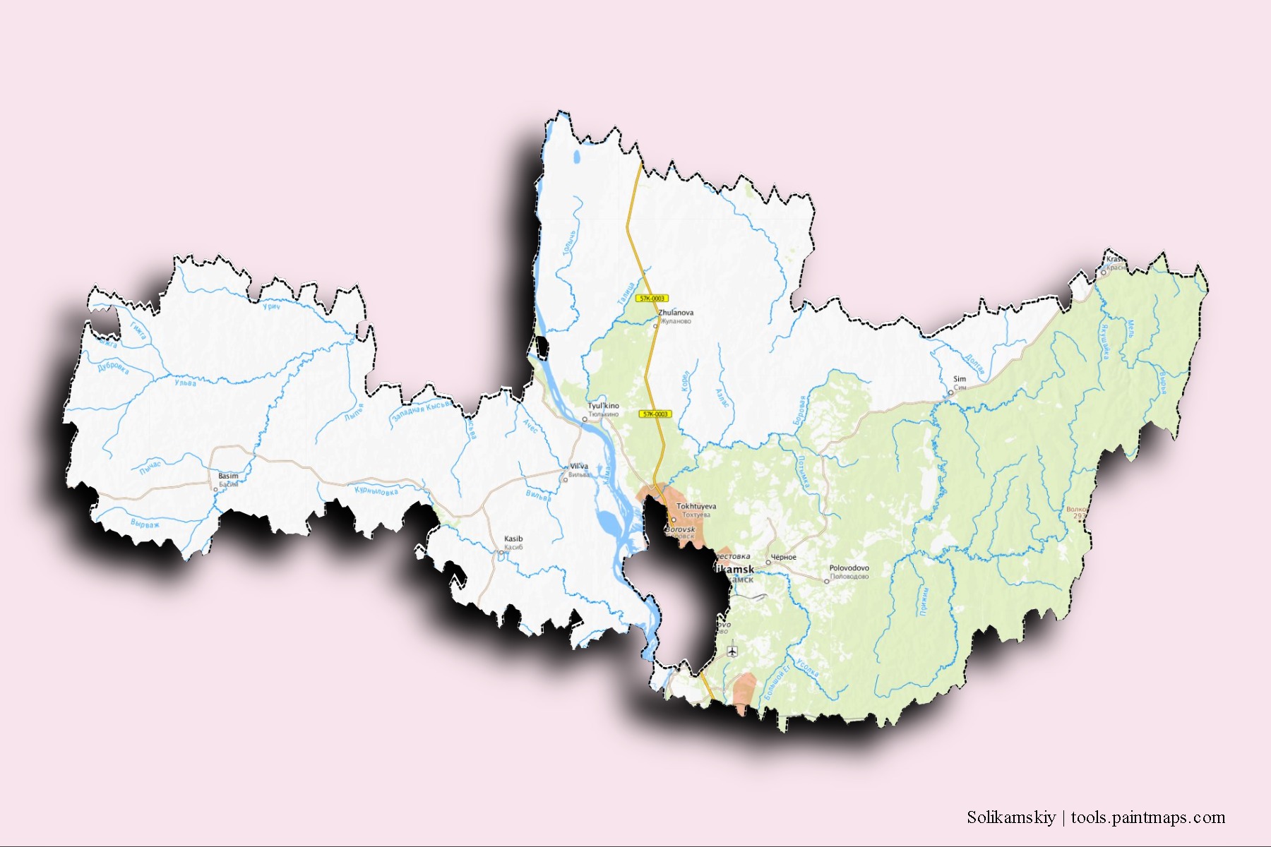 Solikamskiy neighborhoods and villages map with 3D shadow effect