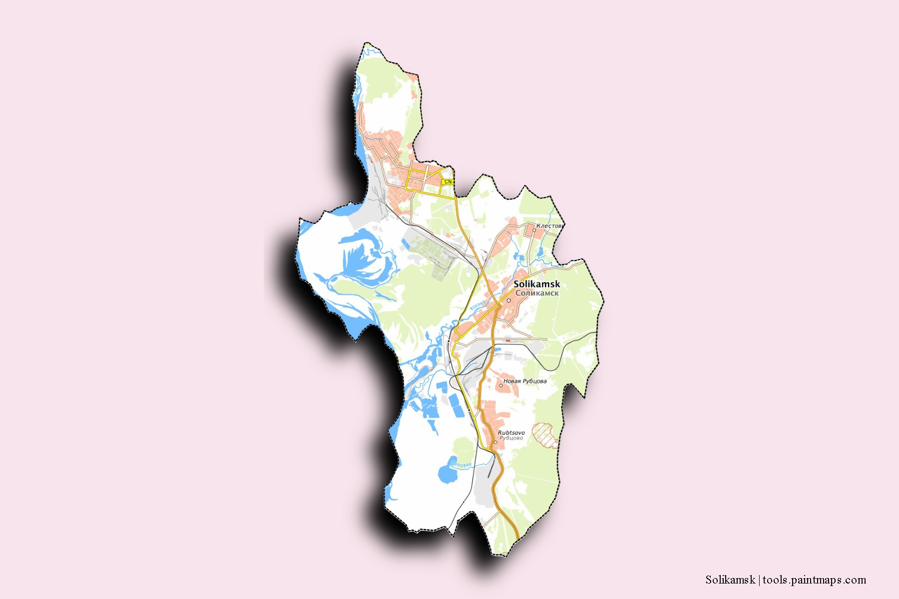 Mapa de barrios y pueblos de Solikamsk con efecto de sombra 3D