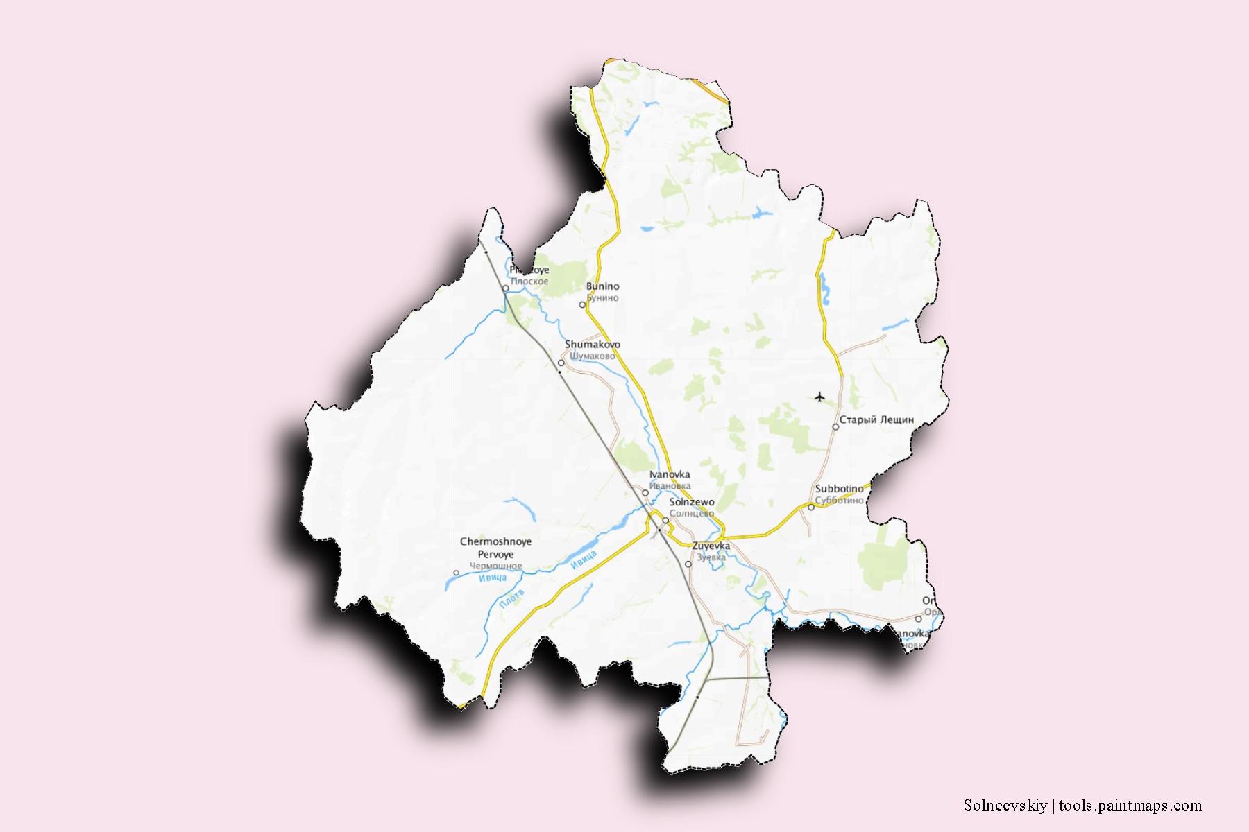 Mapa de barrios y pueblos de Solncevskiy con efecto de sombra 3D