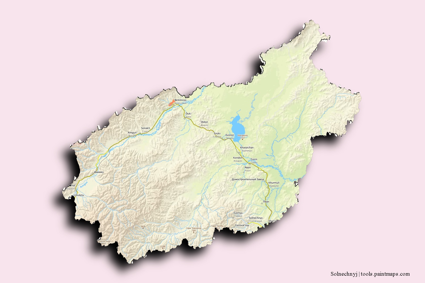 Mapa de barrios y pueblos de Solnechnyj con efecto de sombra 3D