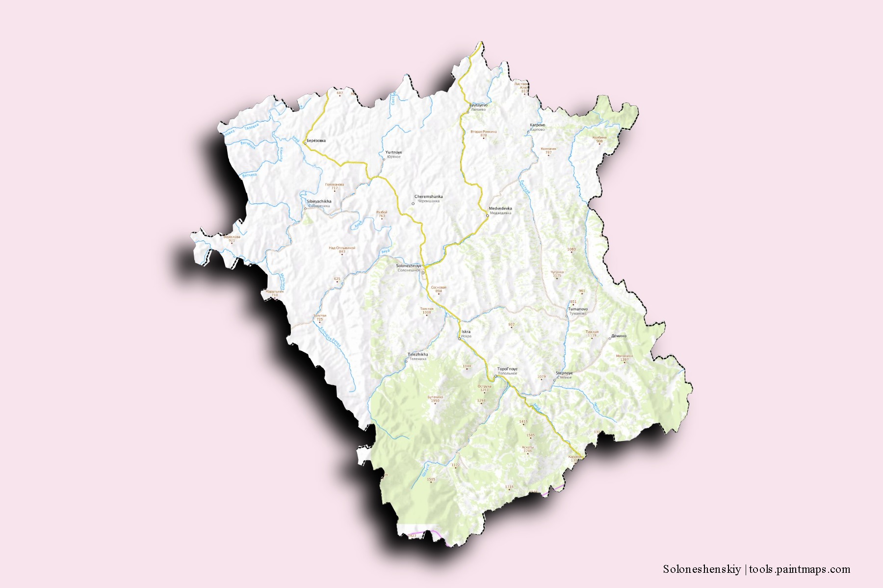 Mapa de barrios y pueblos de Soloneshenskiy con efecto de sombra 3D