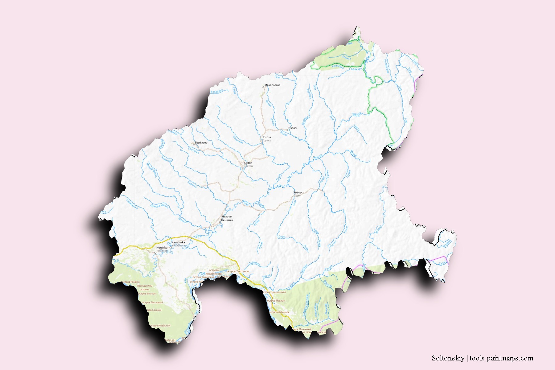 Mapa de barrios y pueblos de Soltonskiy con efecto de sombra 3D