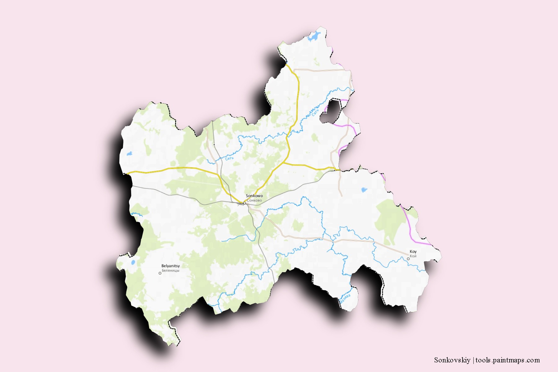 Sonkovskiy neighborhoods and villages map with 3D shadow effect