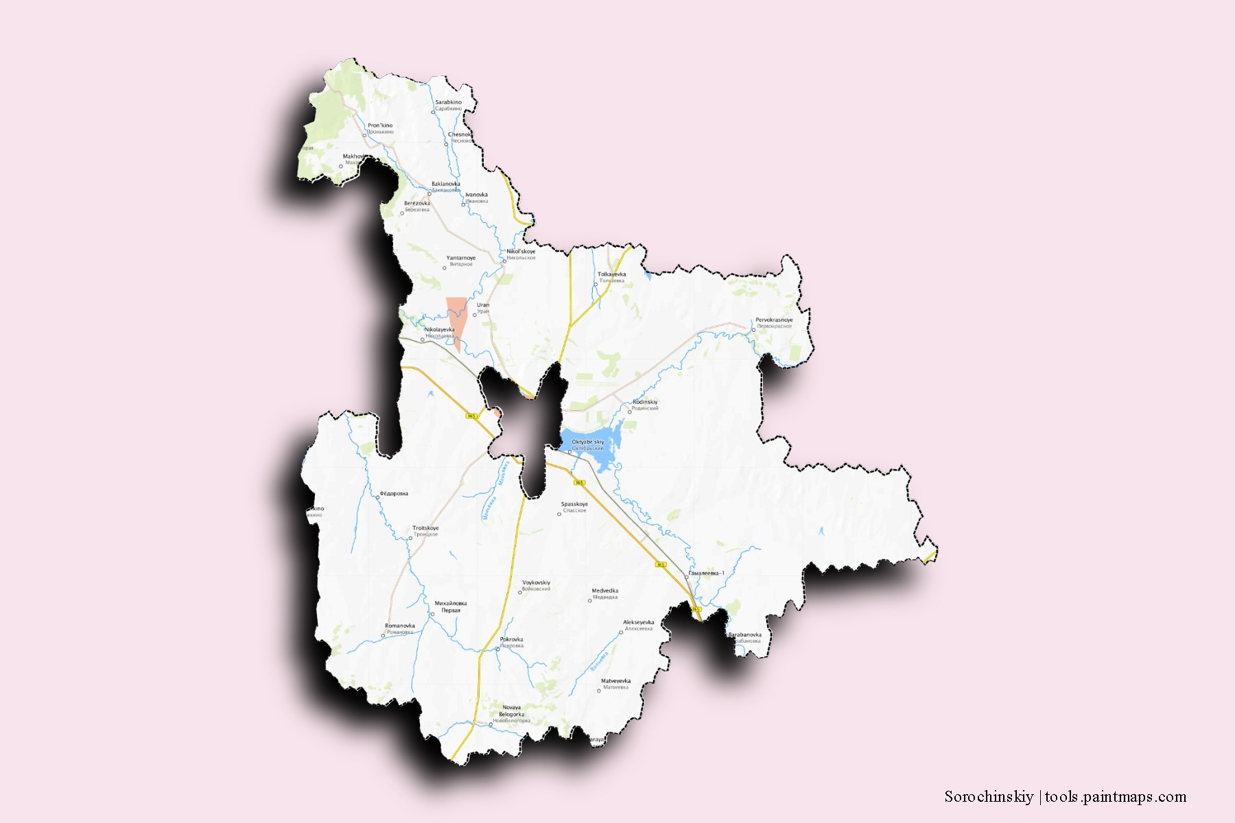 Mapa de barrios y pueblos de Sorochinskiy con efecto de sombra 3D