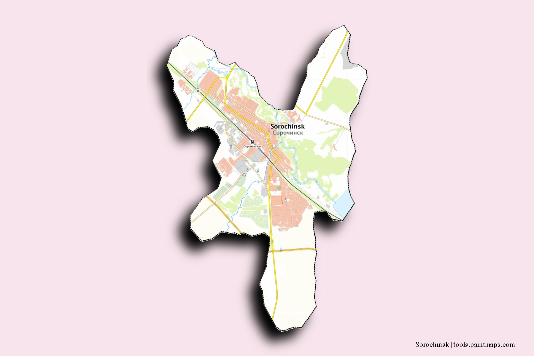 Mapa de barrios y pueblos de Sorochinsk con efecto de sombra 3D