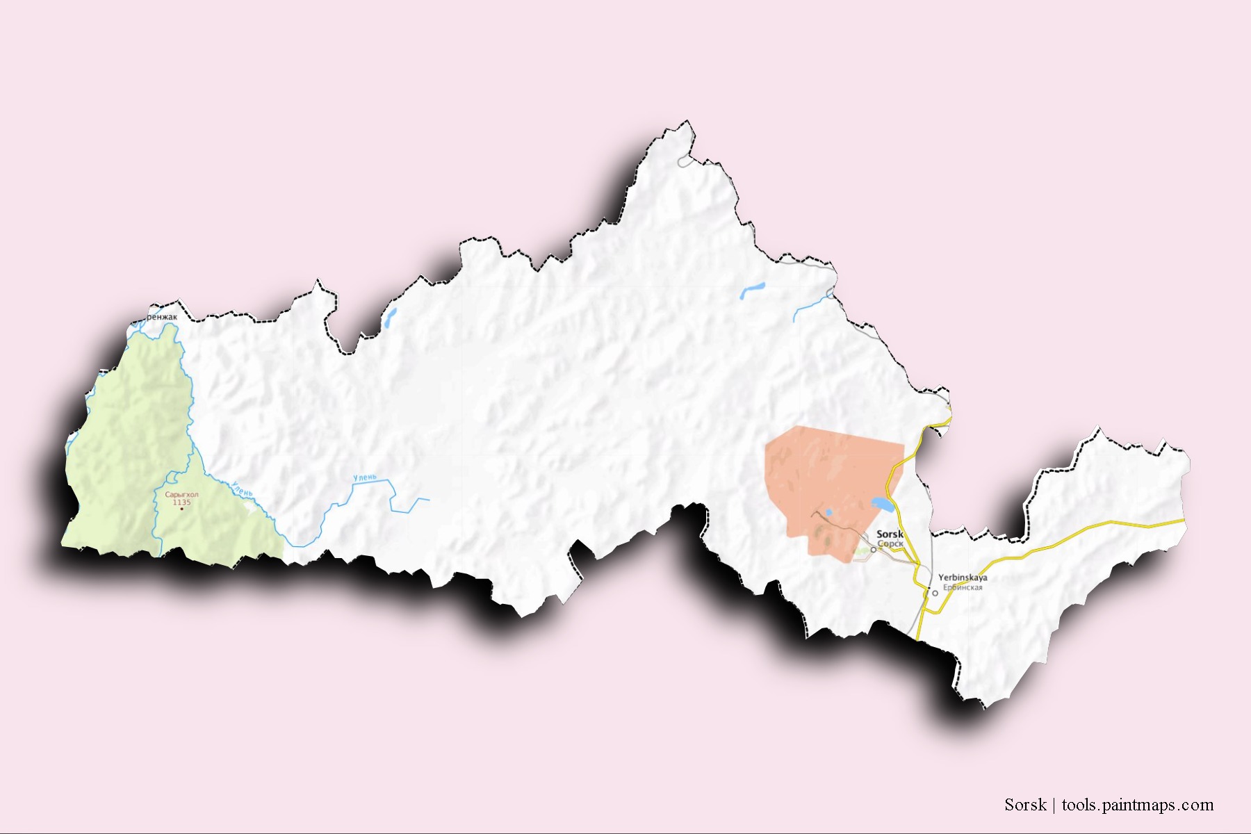 Mapa de barrios y pueblos de Sorsk con efecto de sombra 3D