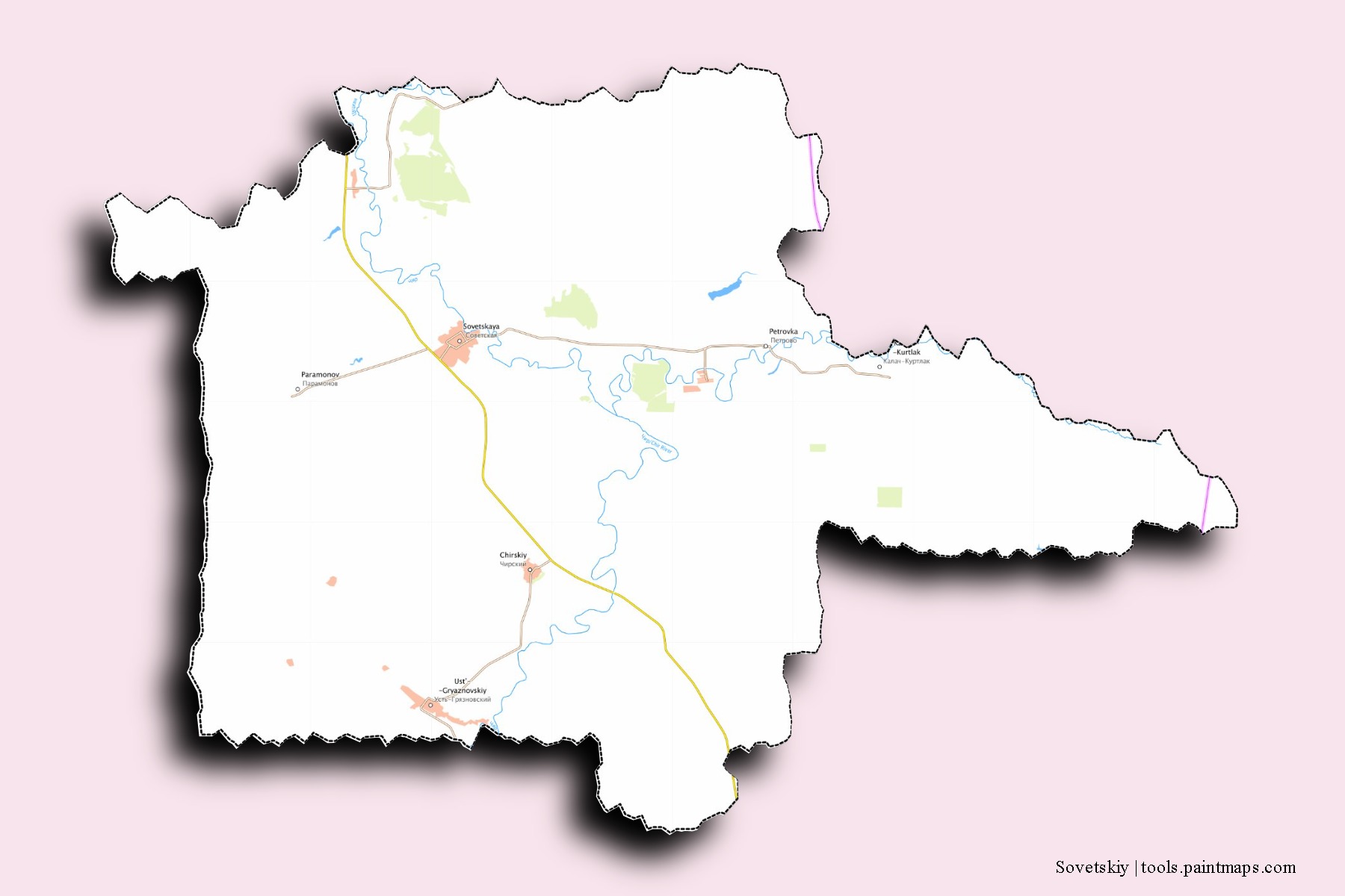 Mapa de barrios y pueblos de Sovetskiy con efecto de sombra 3D