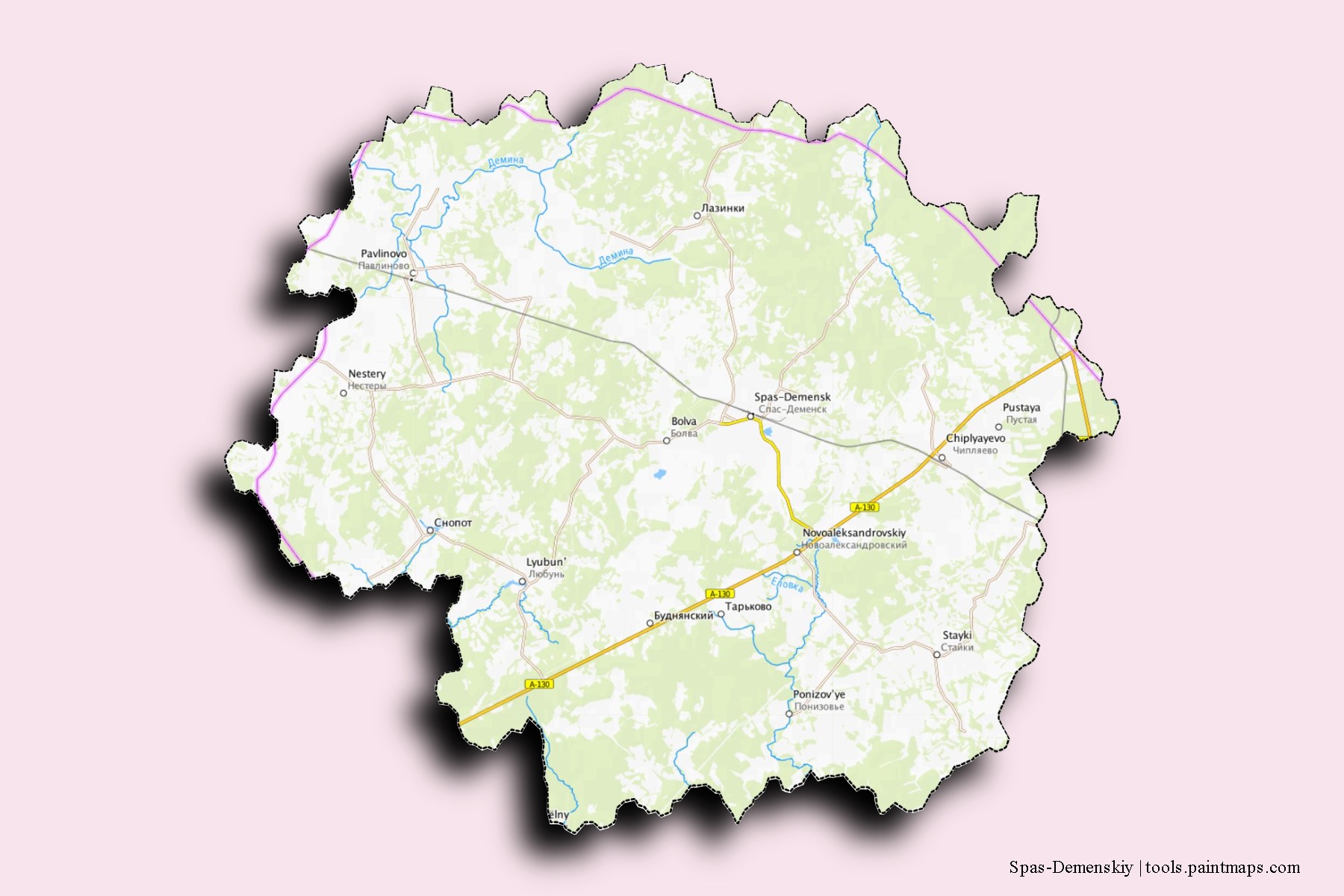 Mapa de barrios y pueblos de Spas-Demenskiy con efecto de sombra 3D