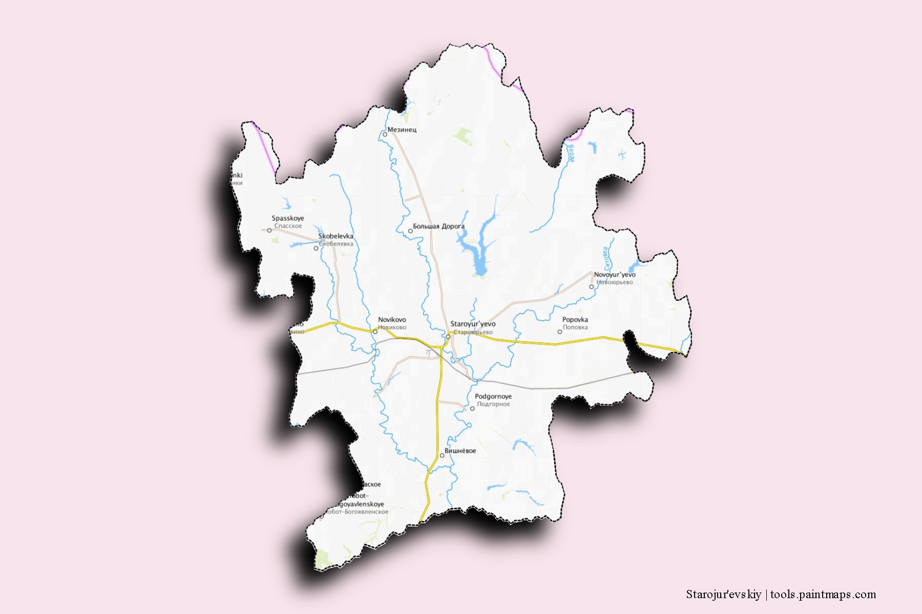 Mapa de barrios y pueblos de Starojur'evskiy con efecto de sombra 3D