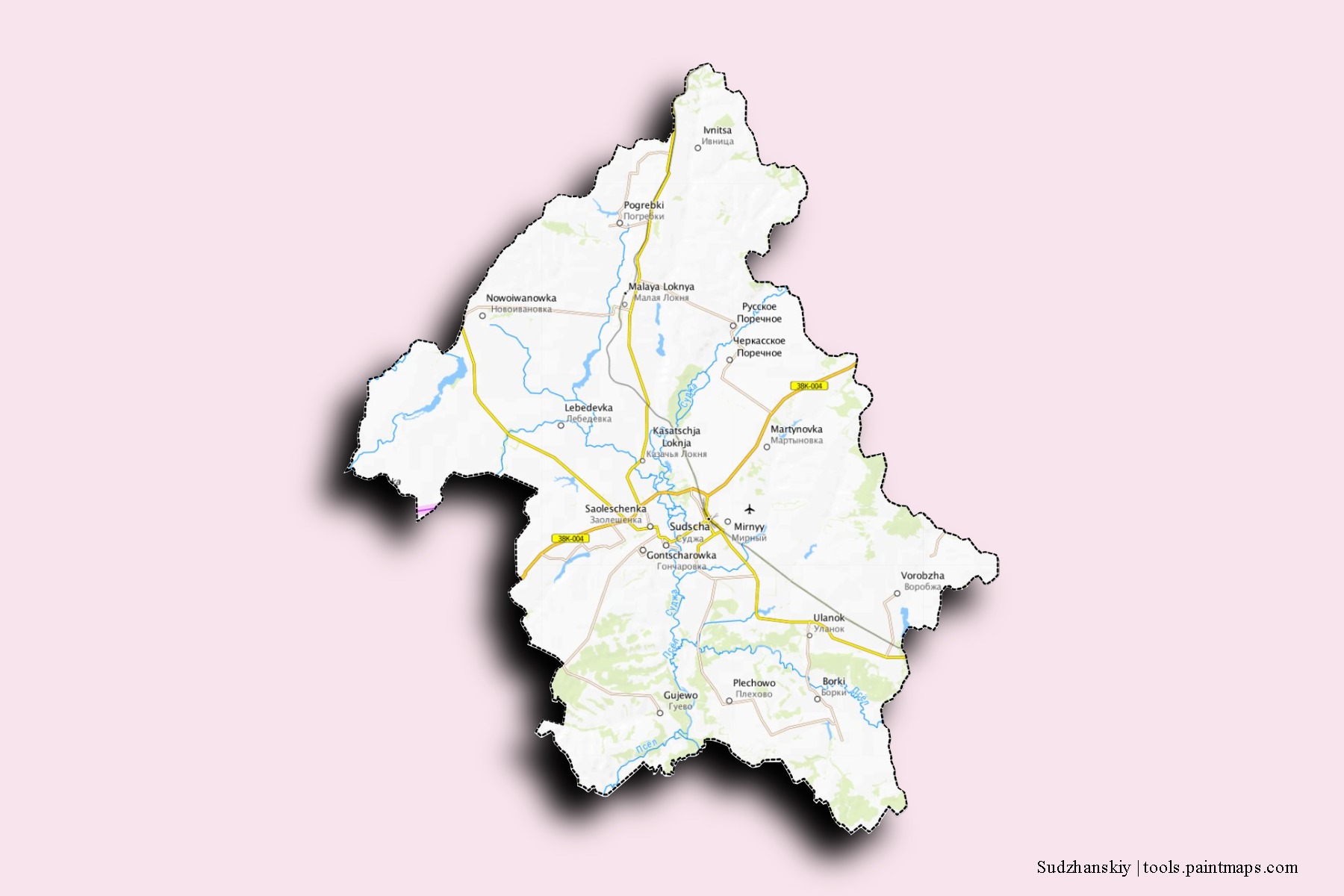 Mapa de barrios y pueblos de Sudzhanskiy con efecto de sombra 3D