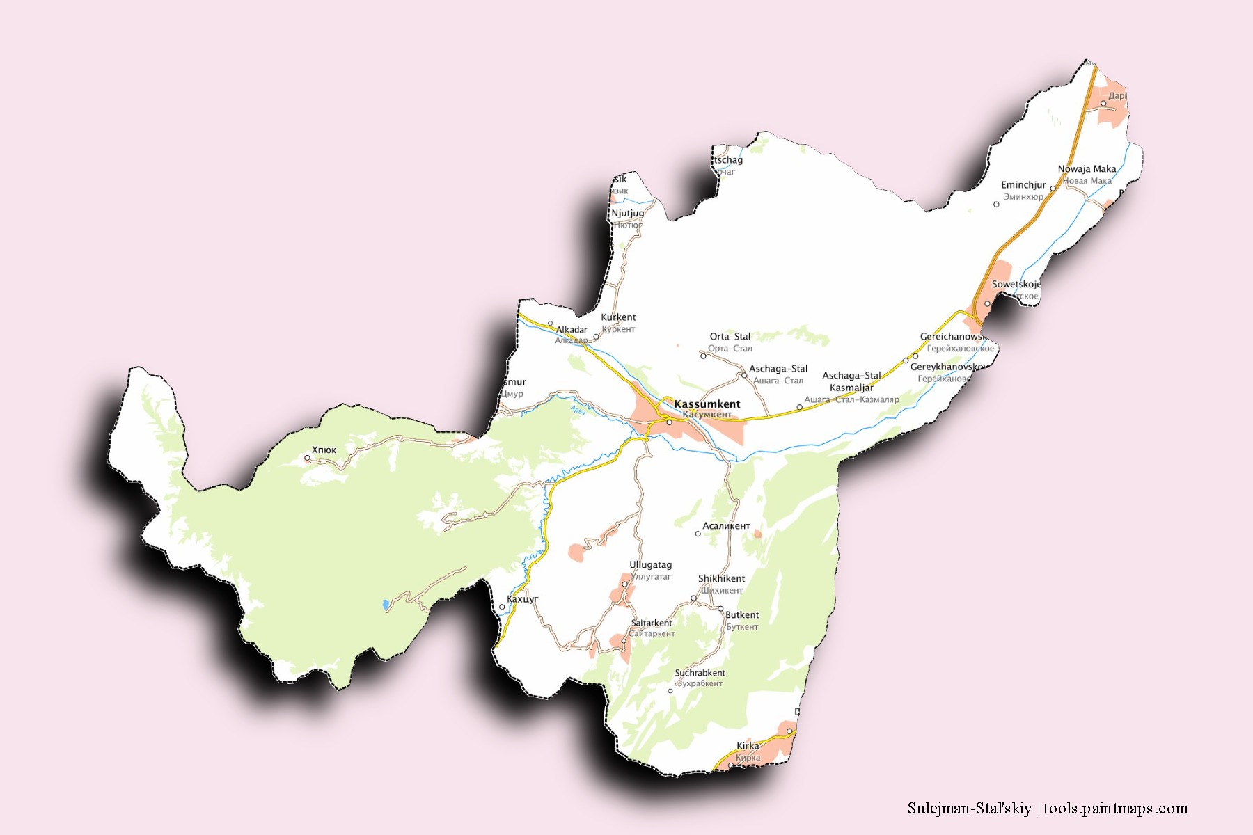 Mapa de barrios y pueblos de Sulejman-Stal'skiy con efecto de sombra 3D