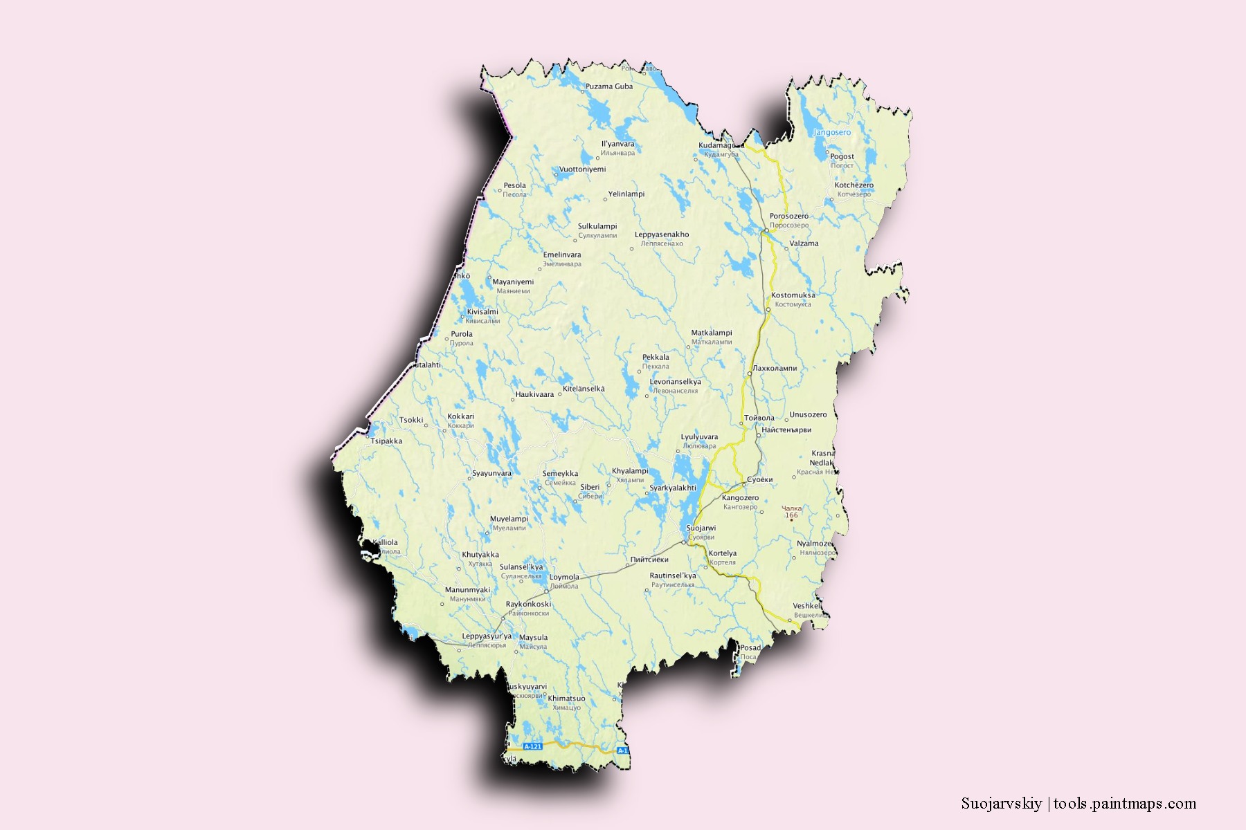 Mapa de barrios y pueblos de Suojarvskiy con efecto de sombra 3D