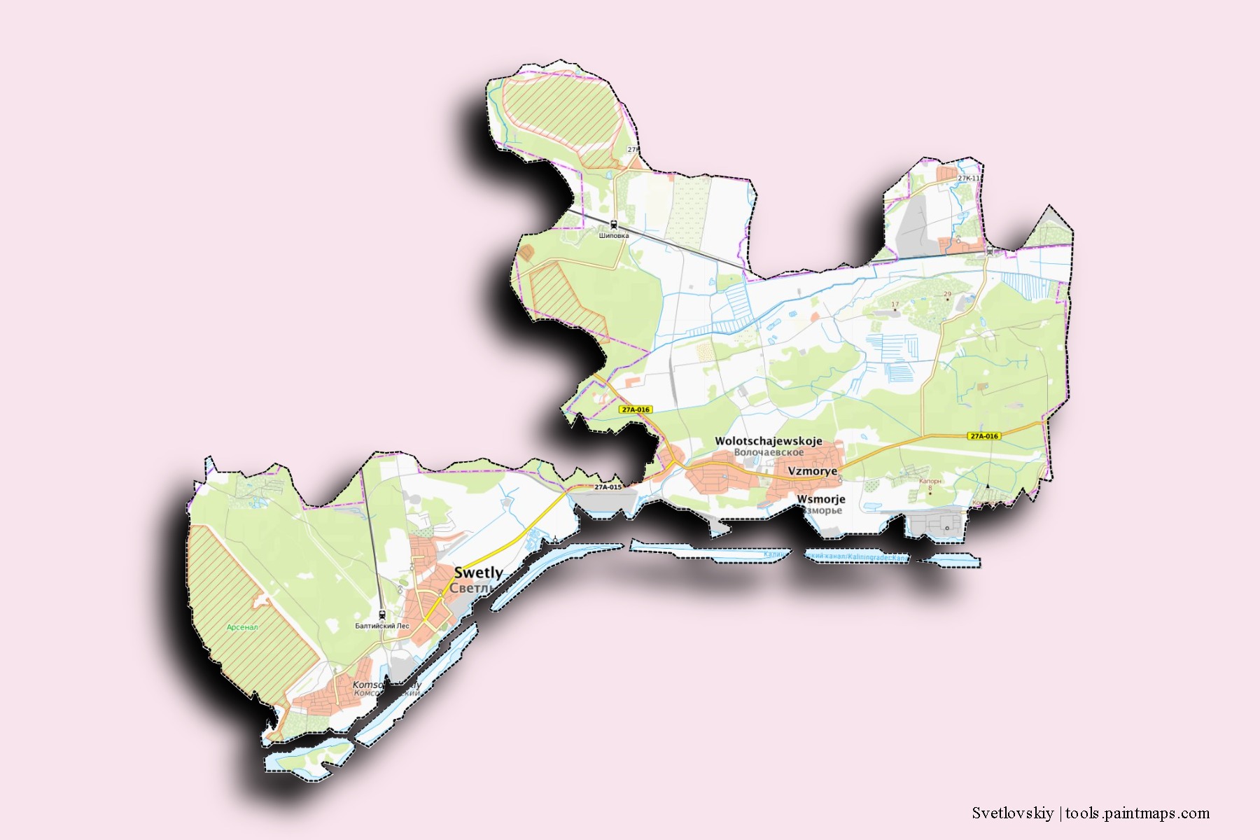 Mapa de barrios y pueblos de Svetlovskiy con efecto de sombra 3D