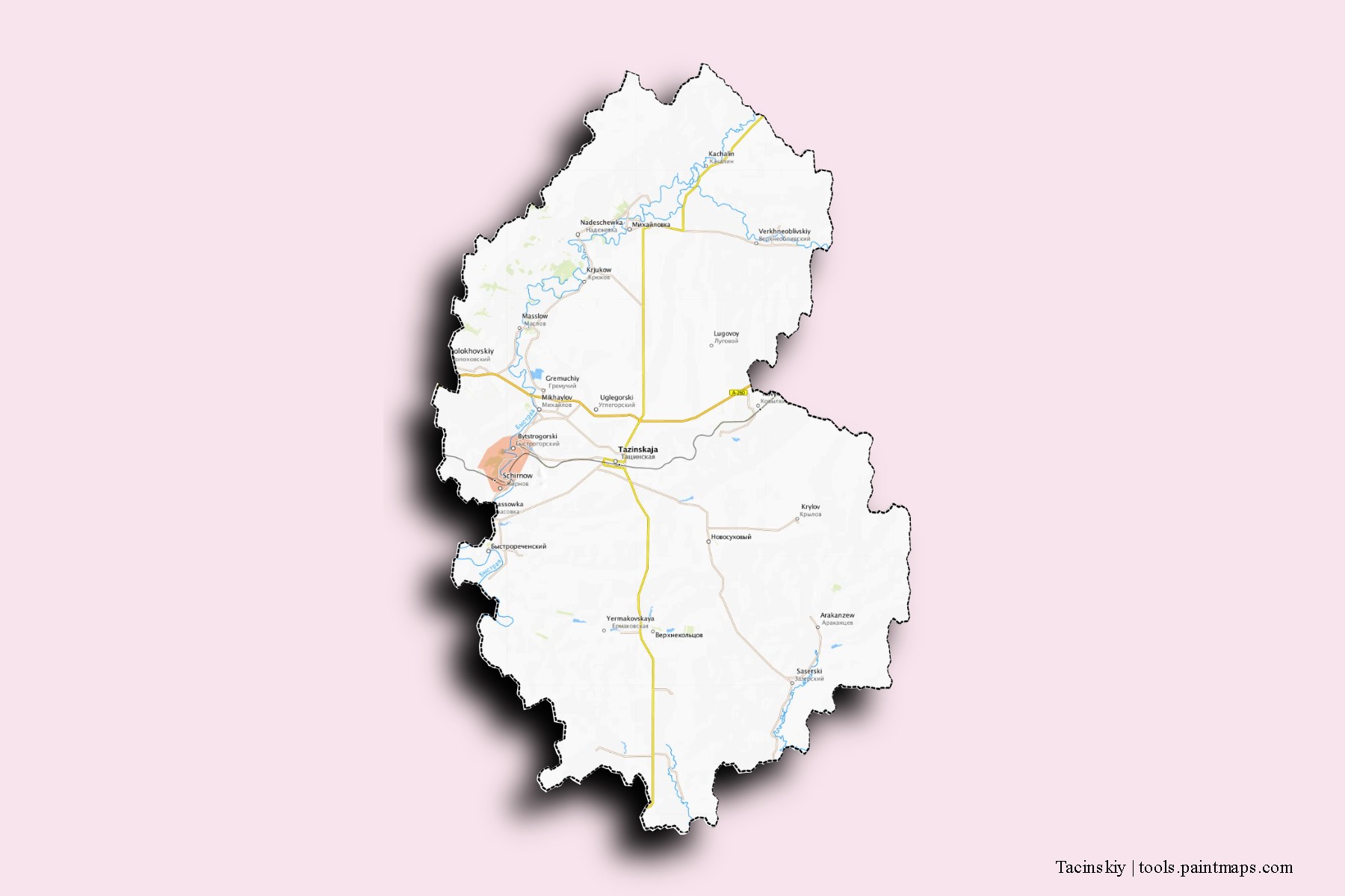 Mapa de barrios y pueblos de Tacinskiy con efecto de sombra 3D