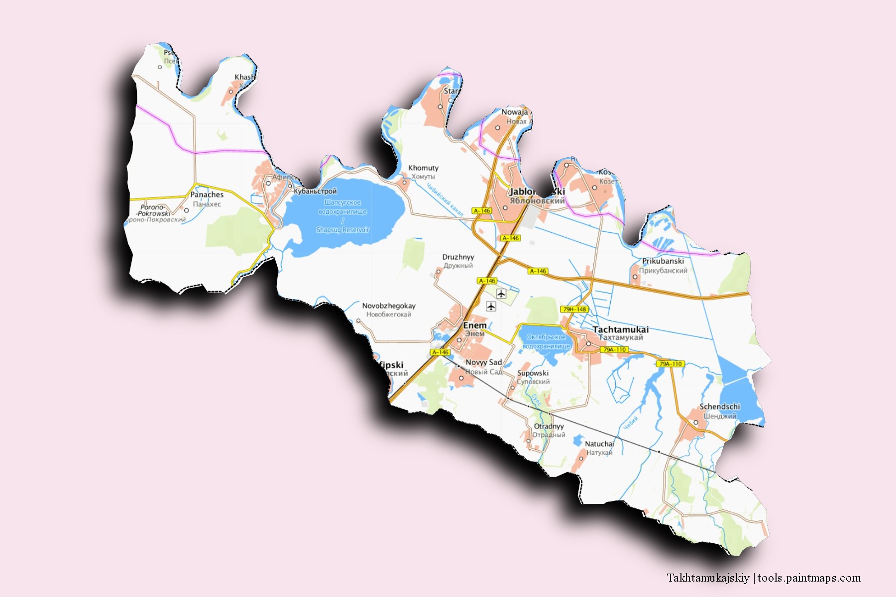 Takhtamukajskiy neighborhoods and villages map with 3D shadow effect