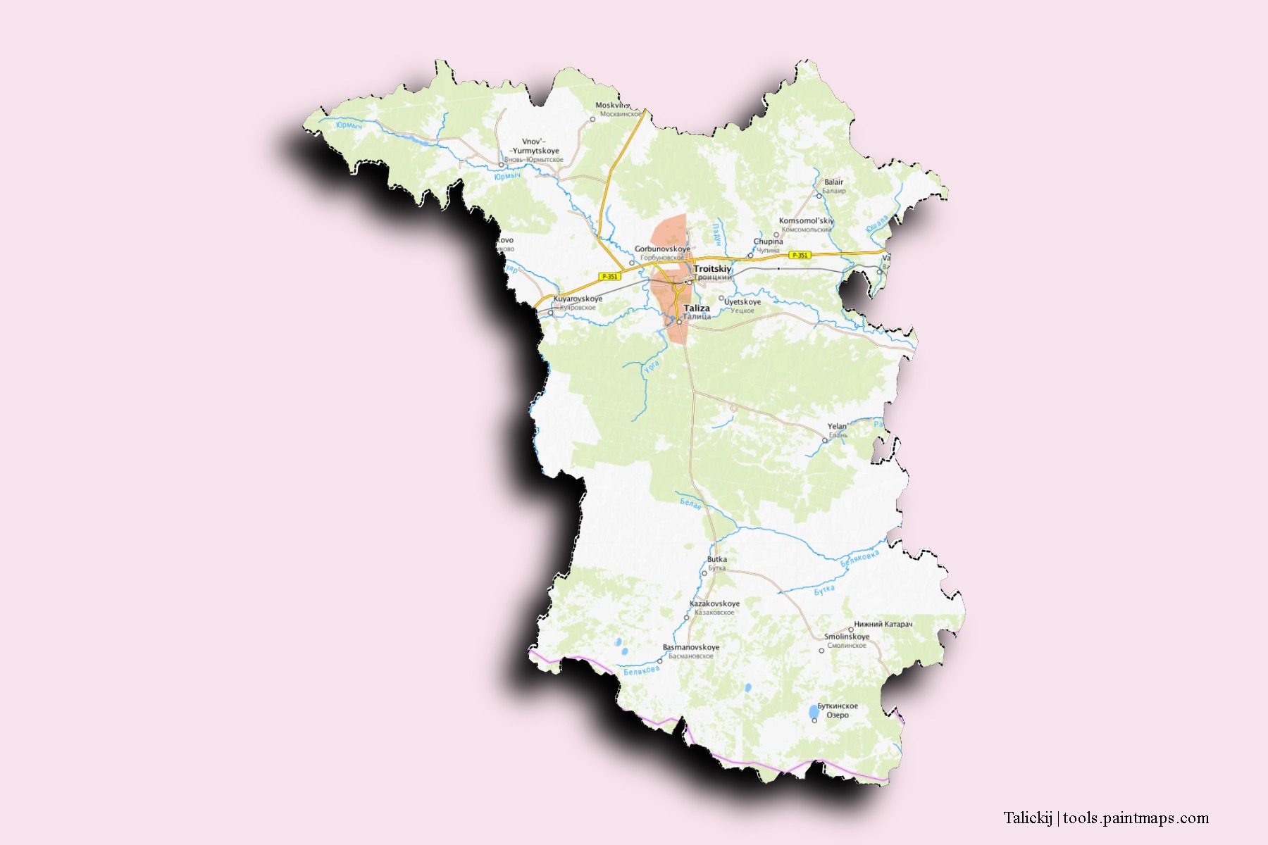 Mapa de barrios y pueblos de Talickij con efecto de sombra 3D