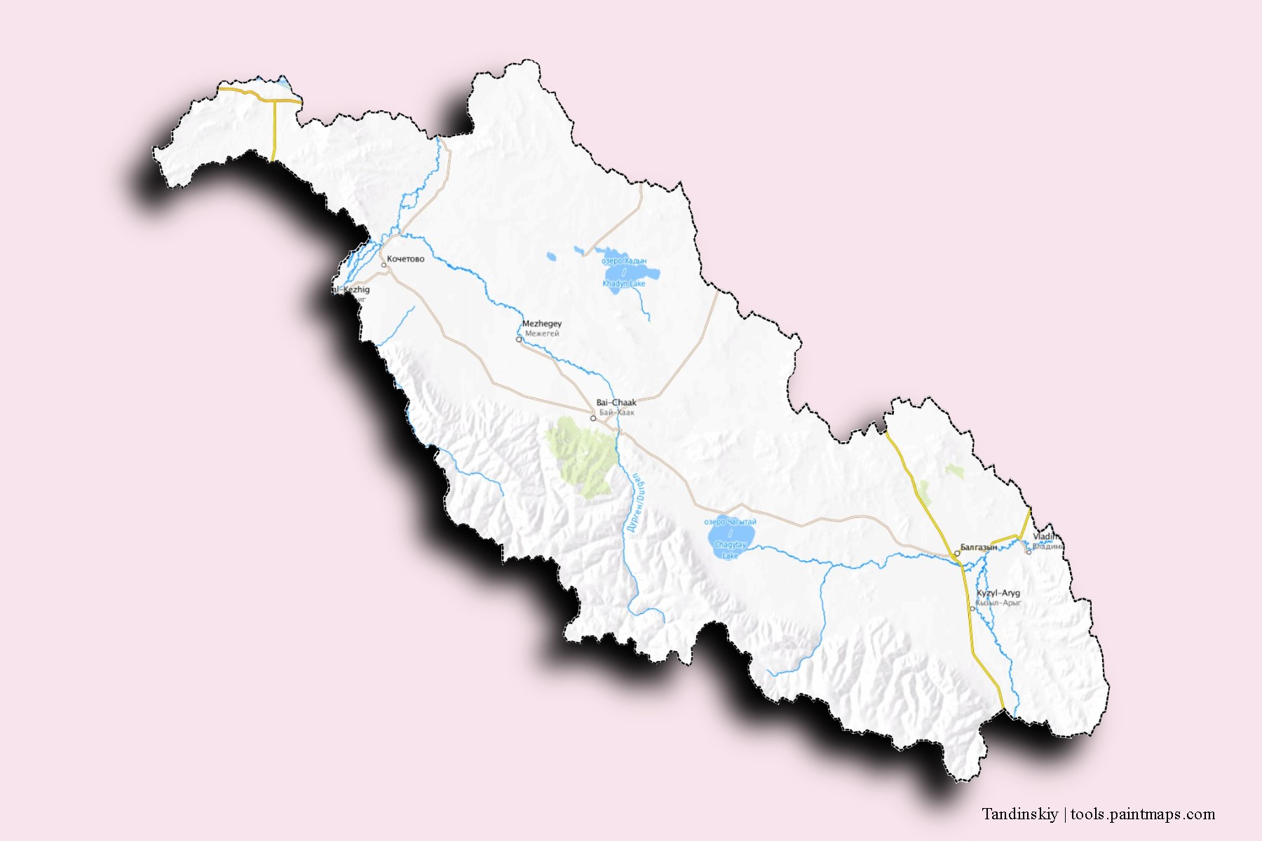 Mapa de barrios y pueblos de Tandinskiy con efecto de sombra 3D