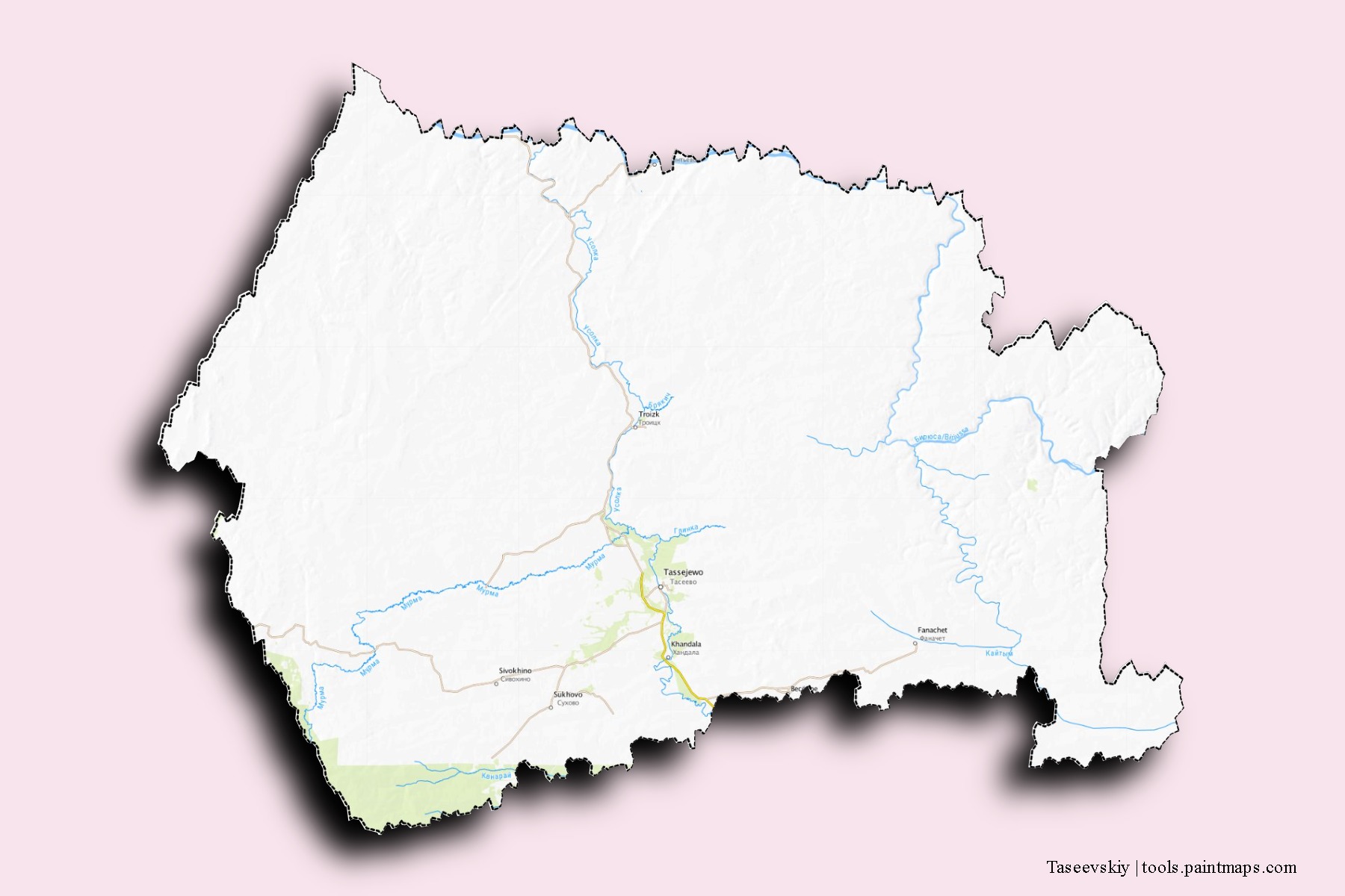 Taseevskiy neighborhoods and villages map with 3D shadow effect