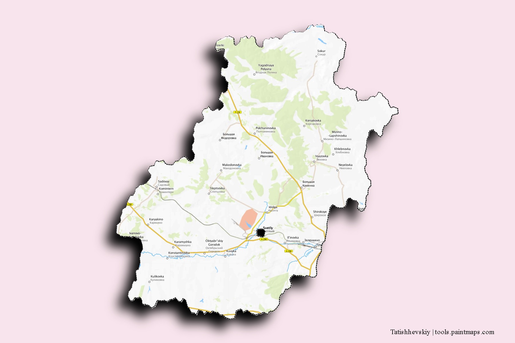 Tatishhevskiy neighborhoods and villages map with 3D shadow effect