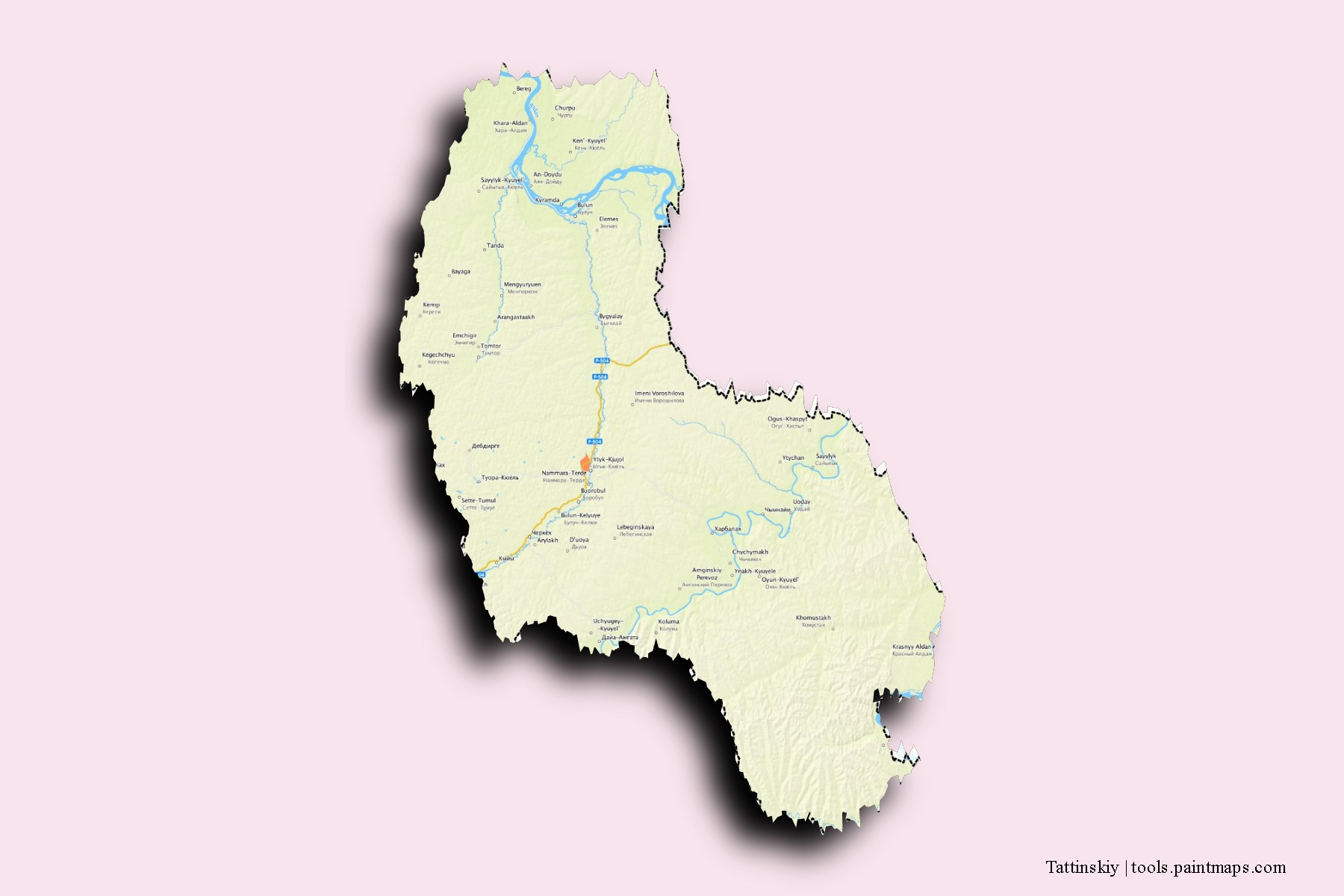 Mapa de barrios y pueblos de Tattinskiy con efecto de sombra 3D